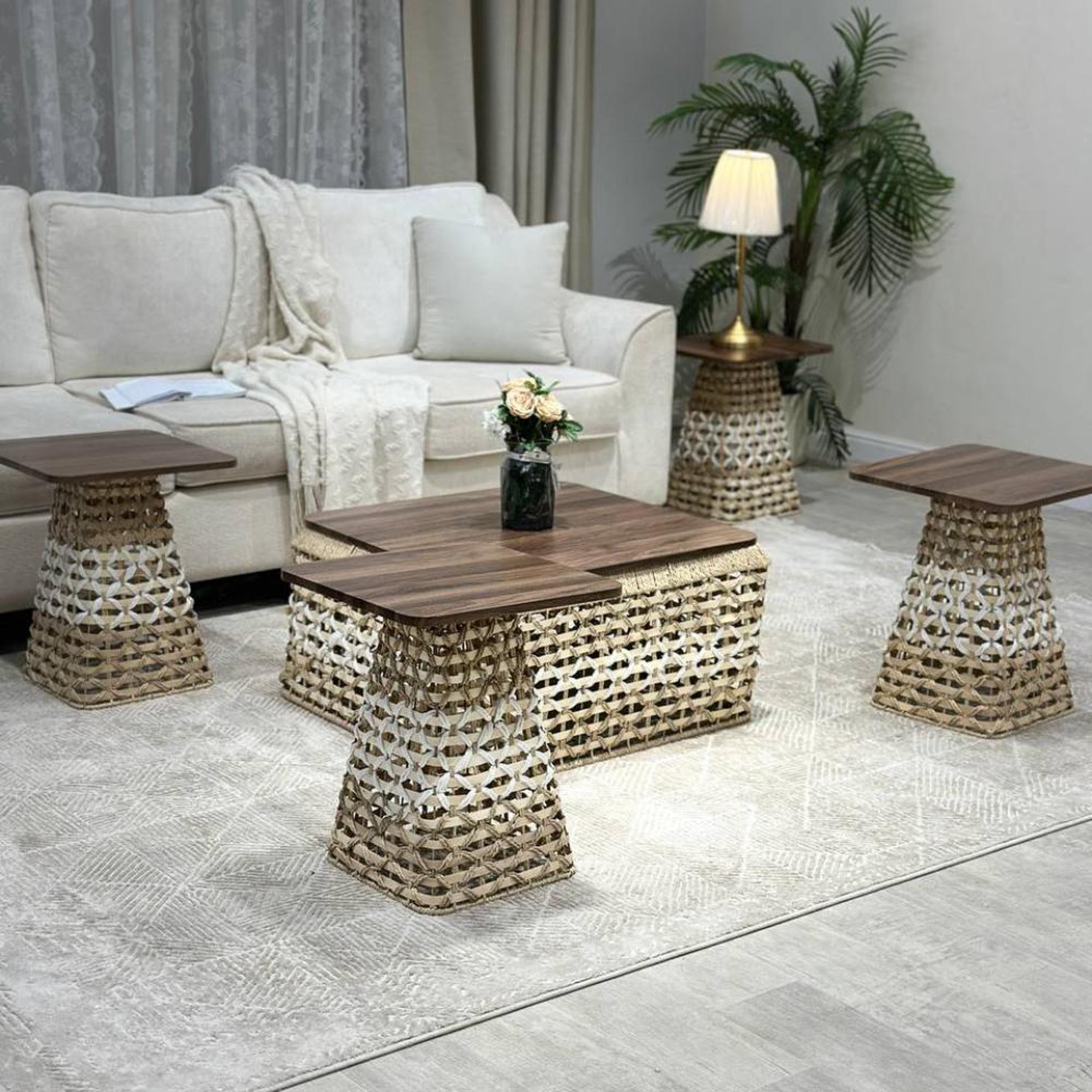 Woven Rattan Wood Top Coffee Table Set-furniture-livingroom-coffeetables-image-4