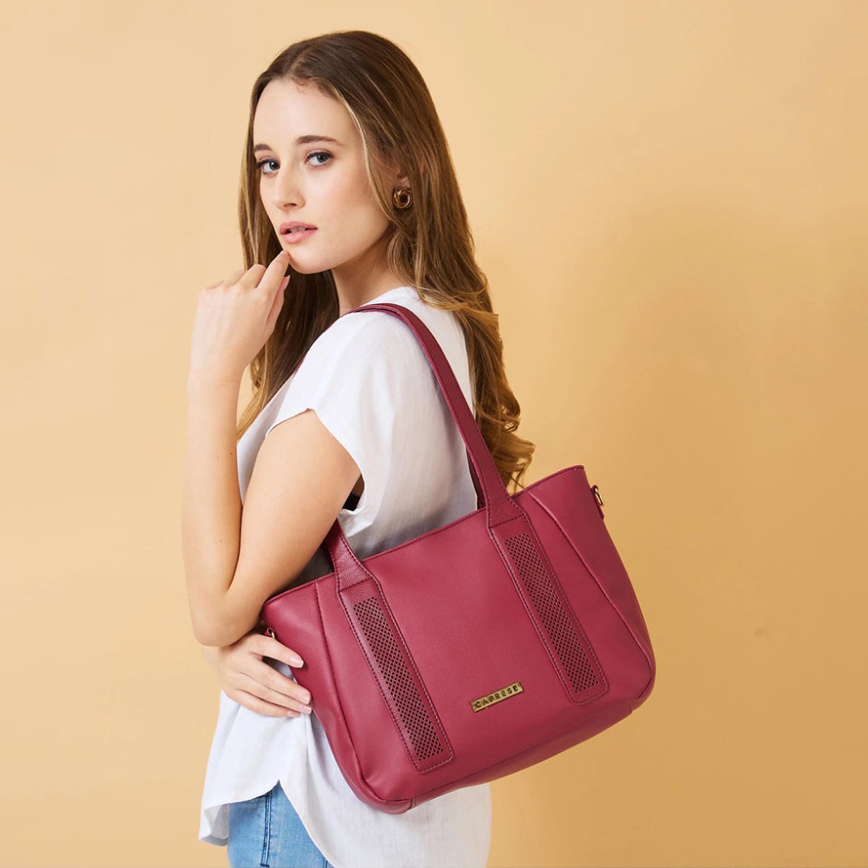 Caprese Aria Textured Double Handle Satchel Bag with Zipper and Detachable Strap | 28 x 22 x 11 CM-women-bagsandwallets-handbags-image-2