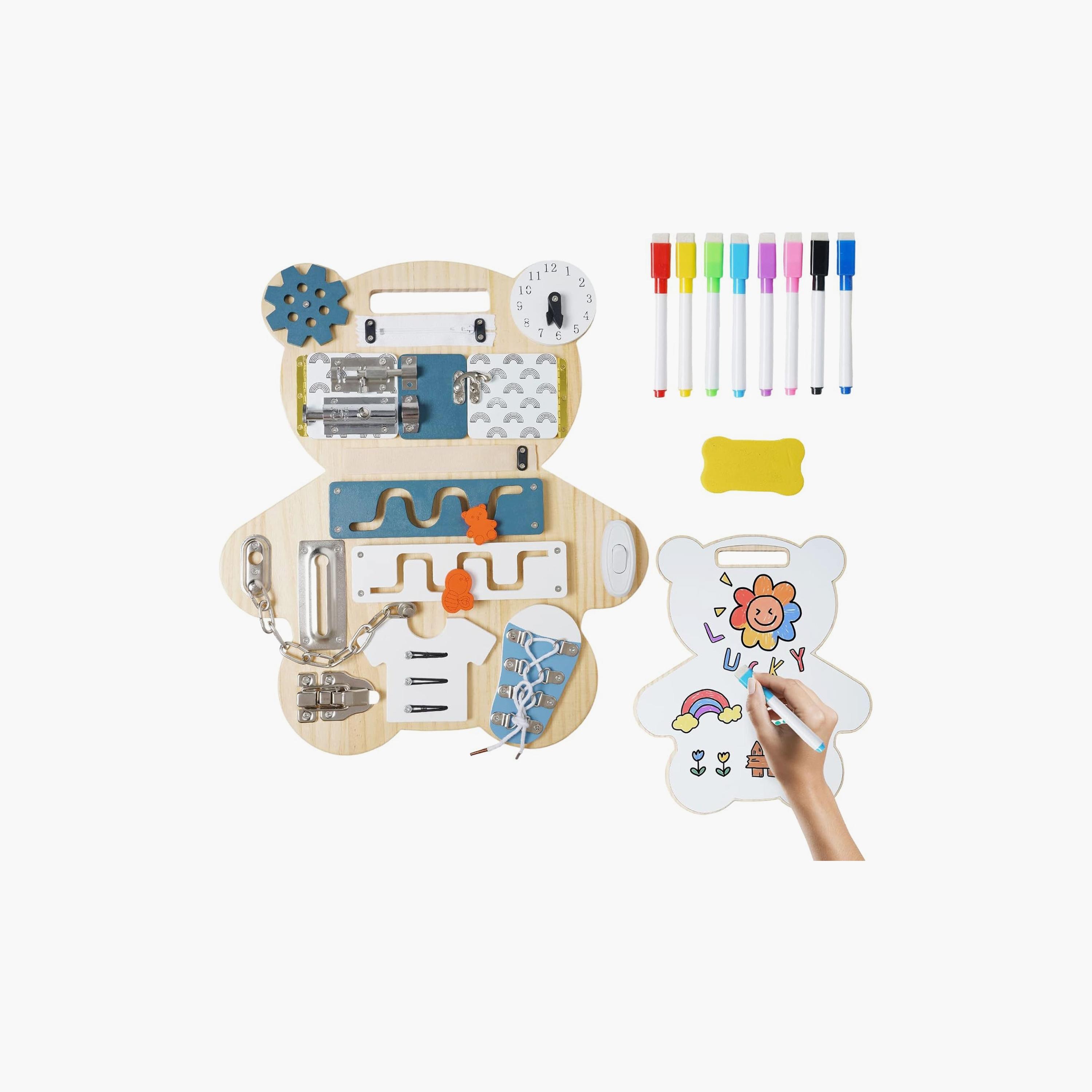 Factory Price 14-in-1 Montessori Busy Board with Double-Sided Drawing Board - Bear-toys-babyandtoddlertoys-learningtoys-image-1