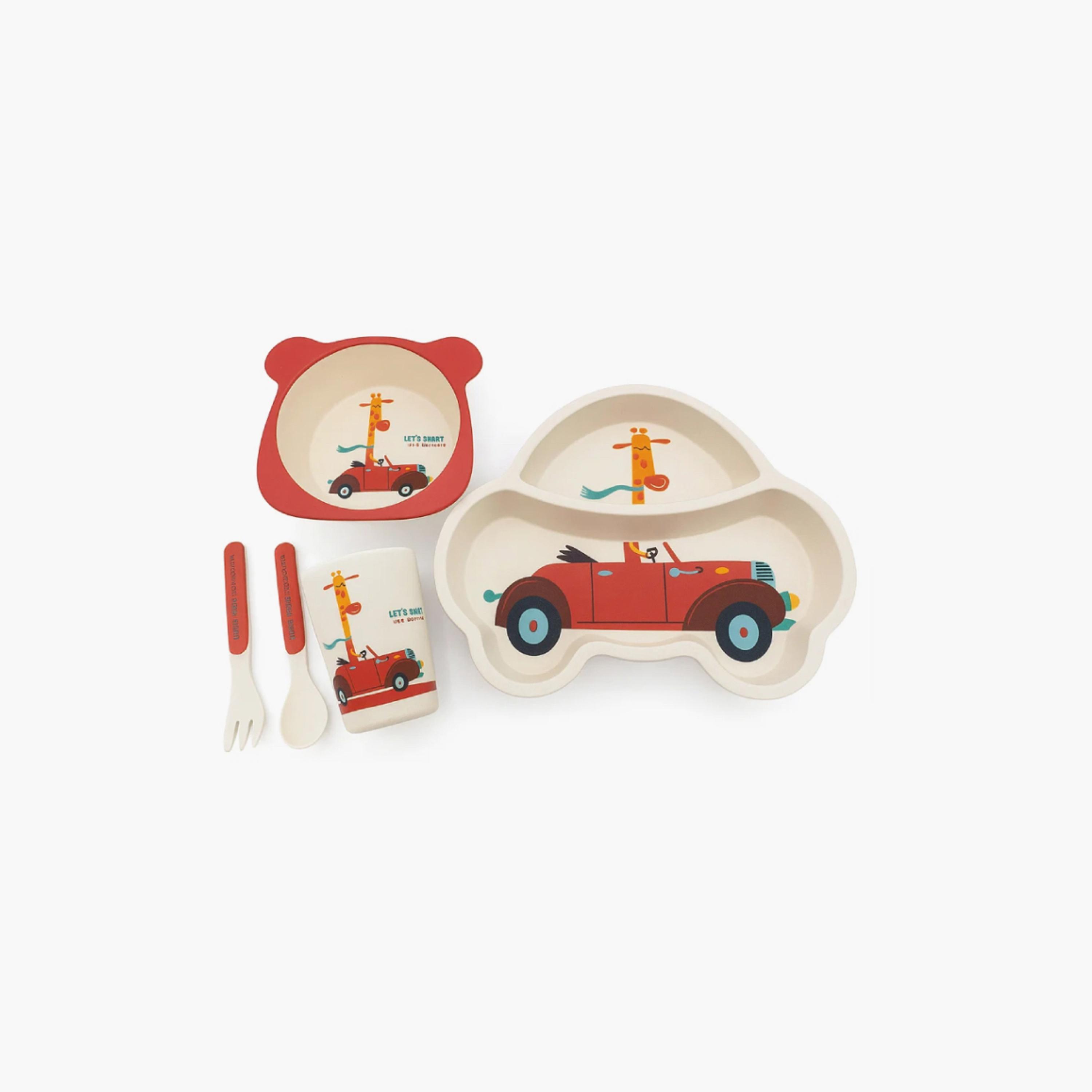 Factory Price 5-Piece Bamboo Tableware Set - Car - B-baby-feeding-mealtimeessentials-image-1