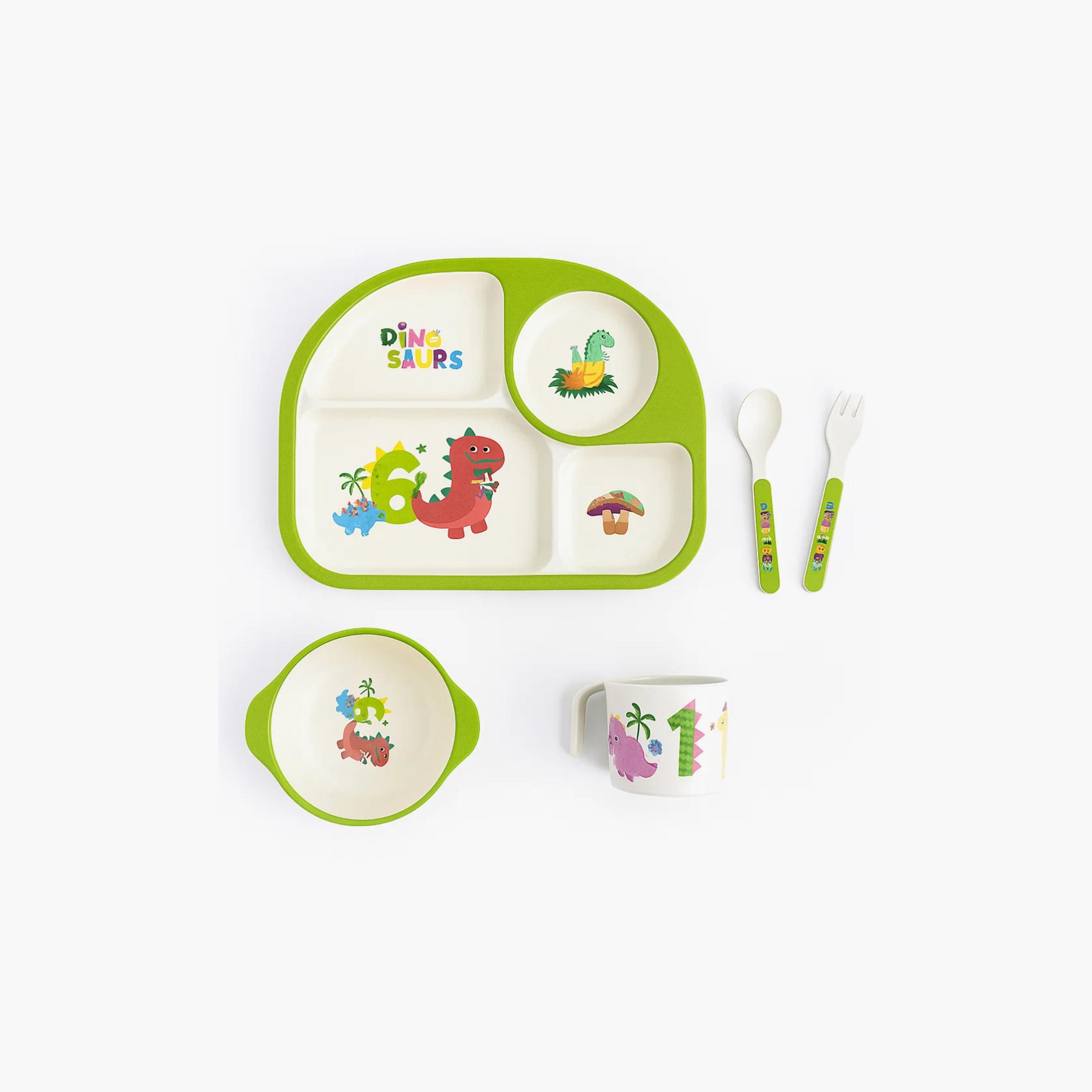 Factory Price 5-Piece Bamboo Tableware Set - Dinosaurs-baby-feeding-mealtimeessentials-image-1