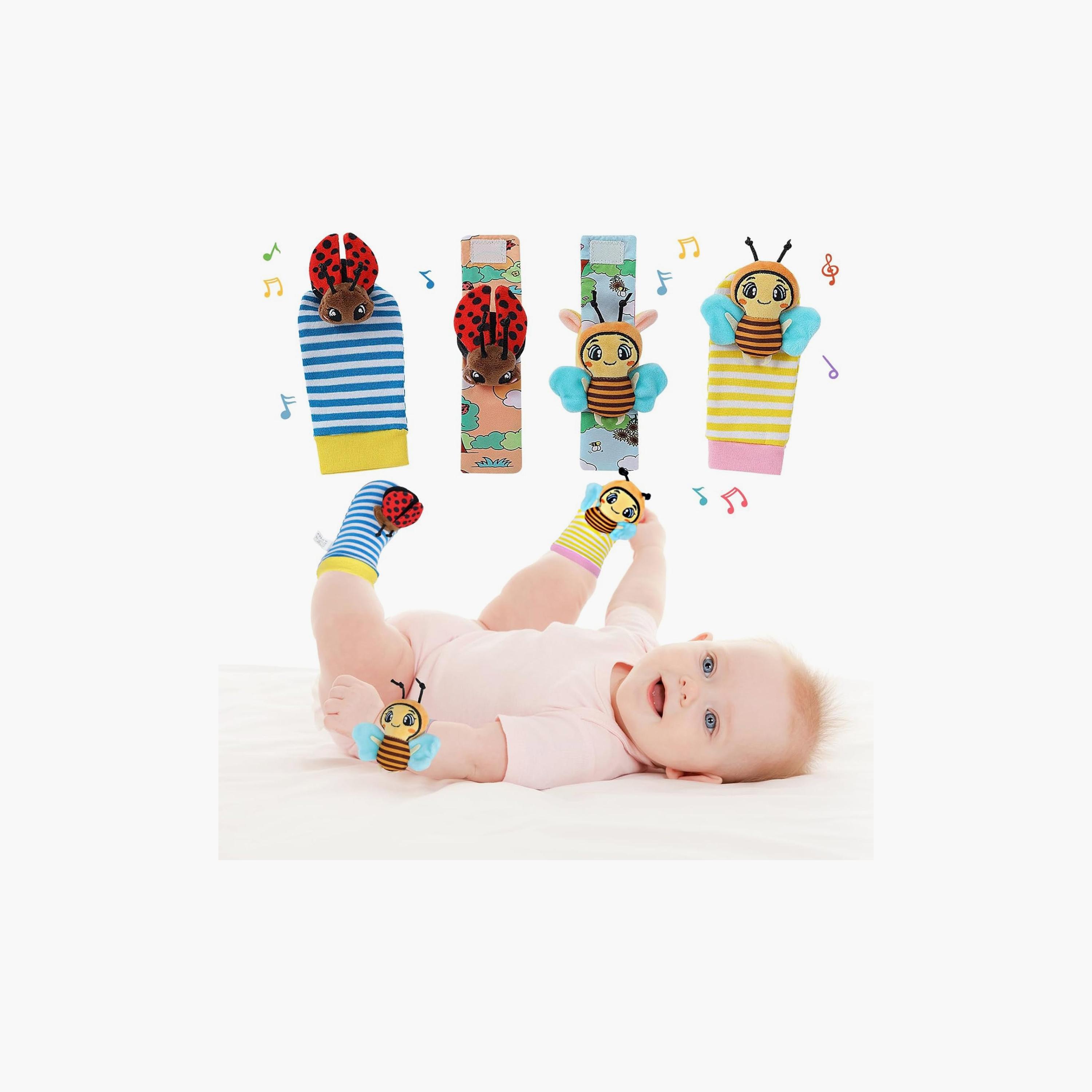 Factory Price 4-Piece Wrist Rattle & Foot Finder Socks Set - Lady Bug & Bee-toys-babyandtoddlertoys-rattlesandteethers-image-2