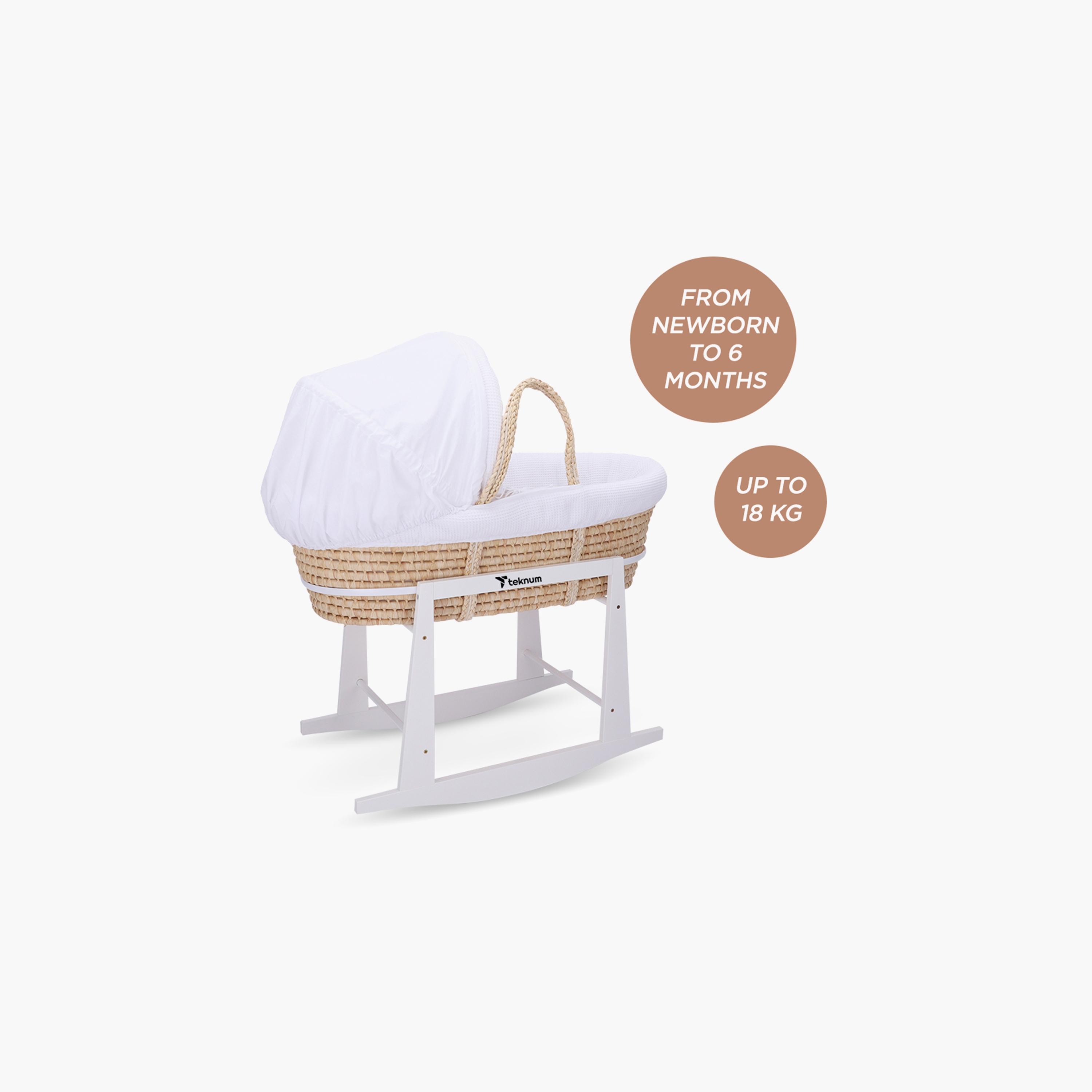 سرير موسى مع مفروشات الوافل والمرتبة وحامل هزاز - أبيض من تكنوم.-baby-nursery-furniture-mosesbaskets-image-4