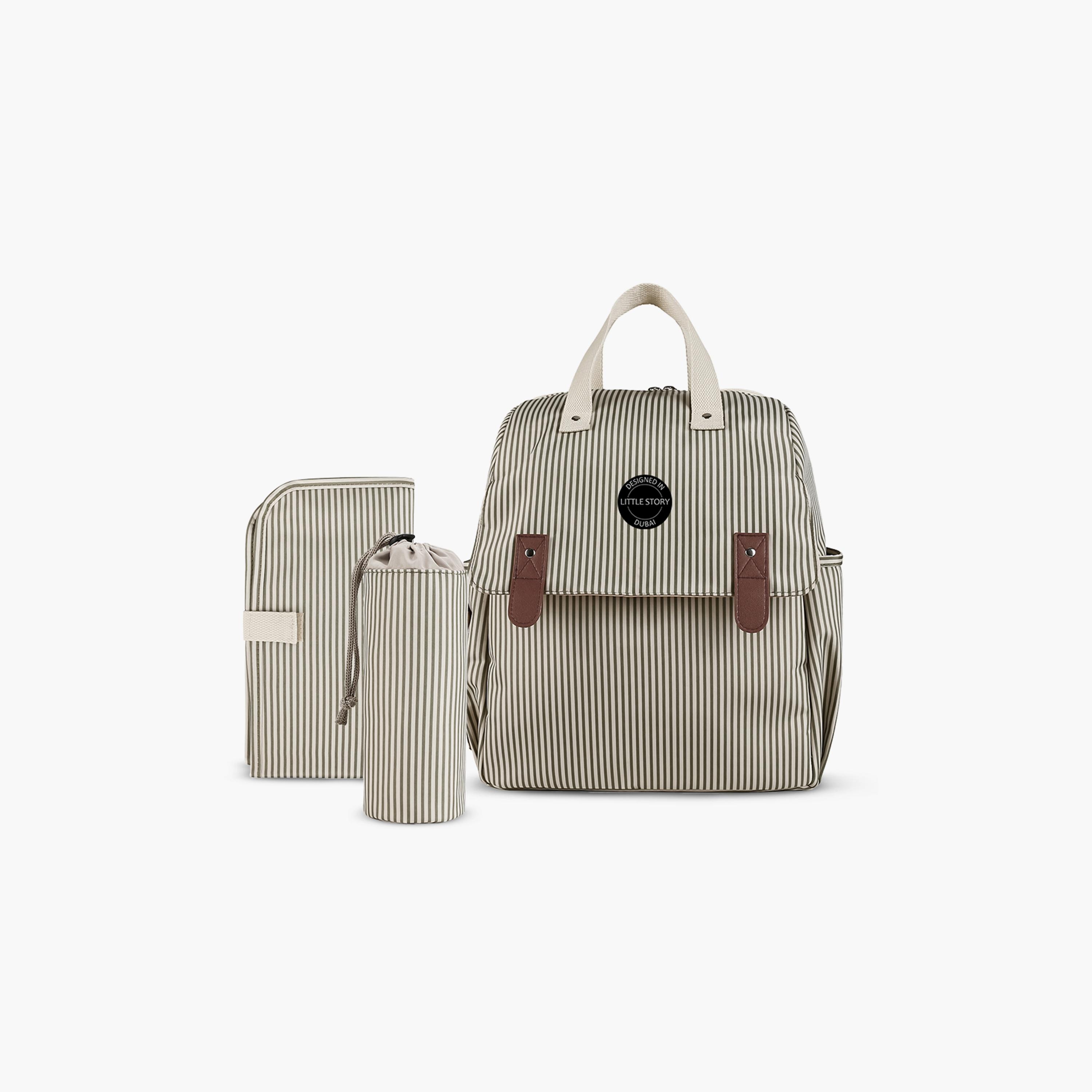 Little Story 3-Piece Diaper Backpack with Changing Mat and Bottle Bag - Stripes - Beige-baby-gear-diaperbags-image-1