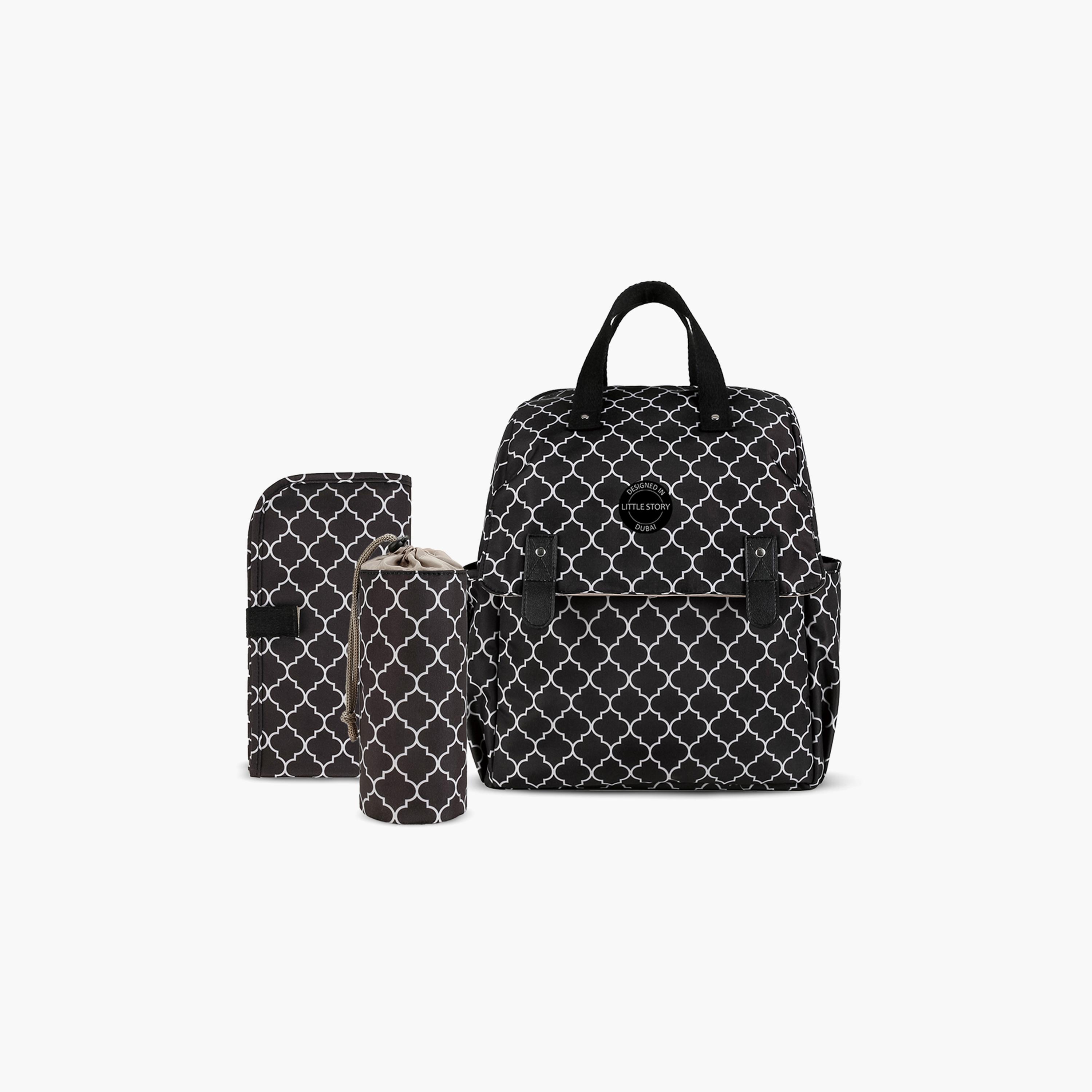 Little Story 3-Piece Diaper Backpack with Changing Mat and Bottle Bag - Signature - Black-baby-gear-diaperbags-image-1