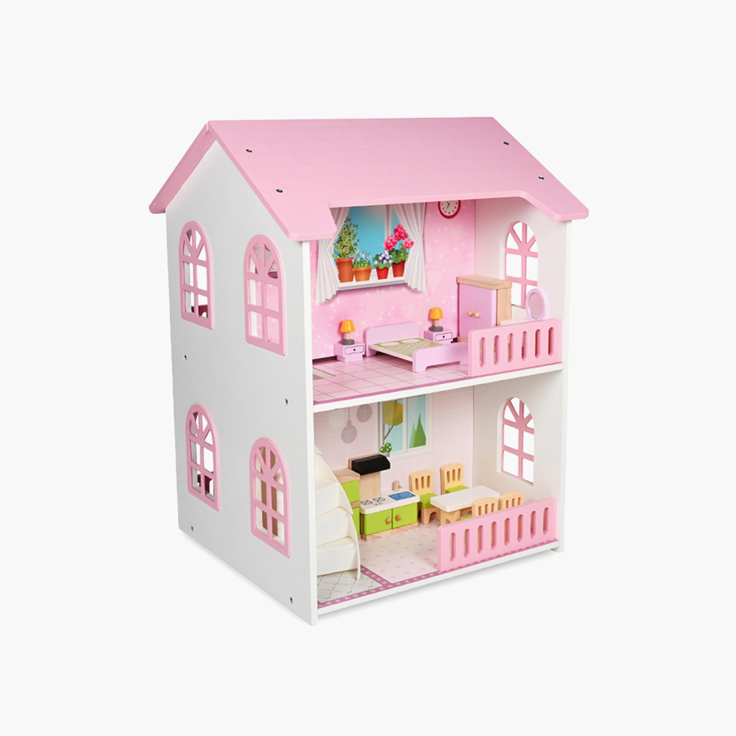 بيت دمى خشبي طابقين مع أثاث وإكسسوارات - وردي من ليتل ستوري.-toys-dollsandplaysets-dollplaysets-image-1