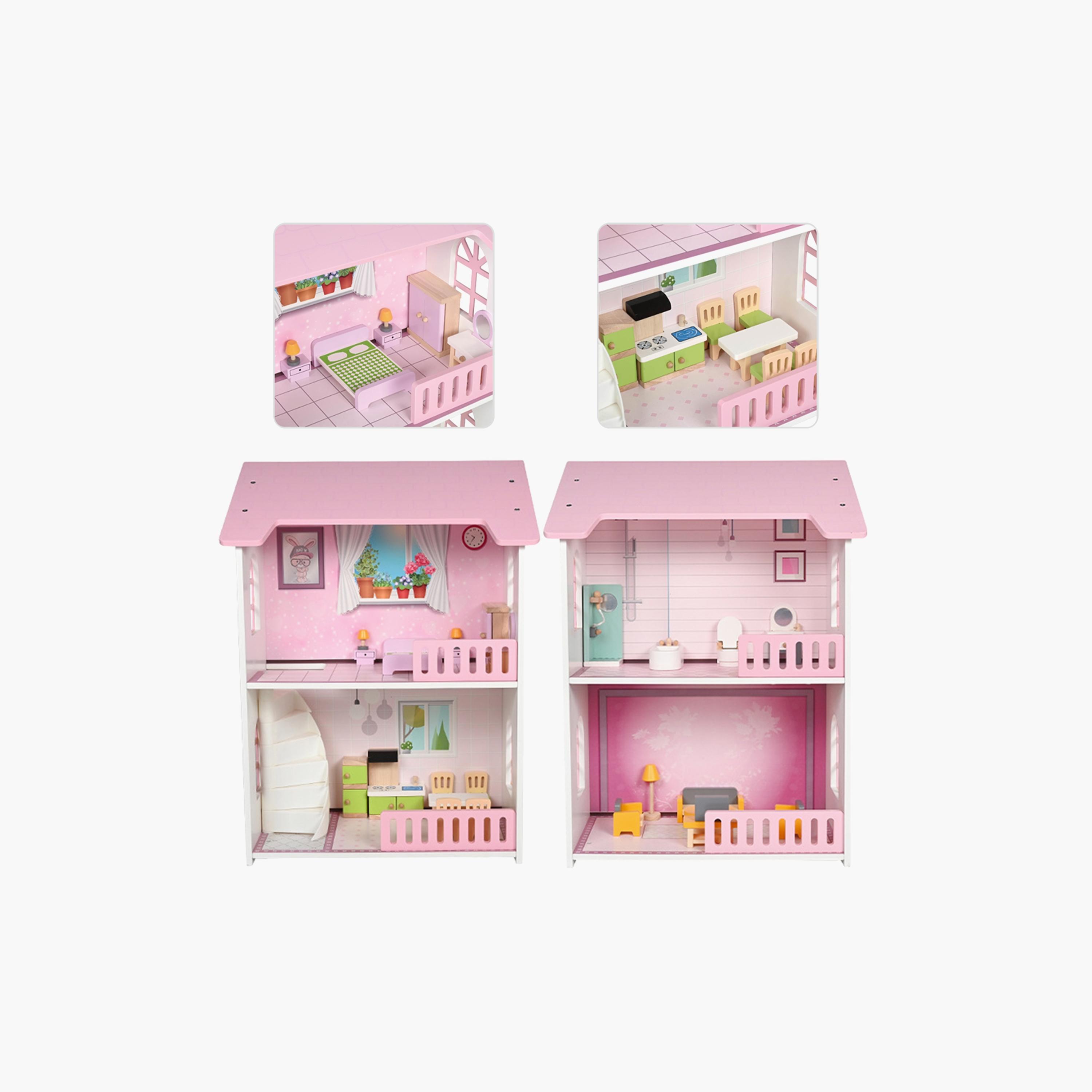 بيت دمى خشبي طابقين مع أثاث وإكسسوارات - وردي من ليتل ستوري.-toys-dollsandplaysets-dollplaysets-image-2