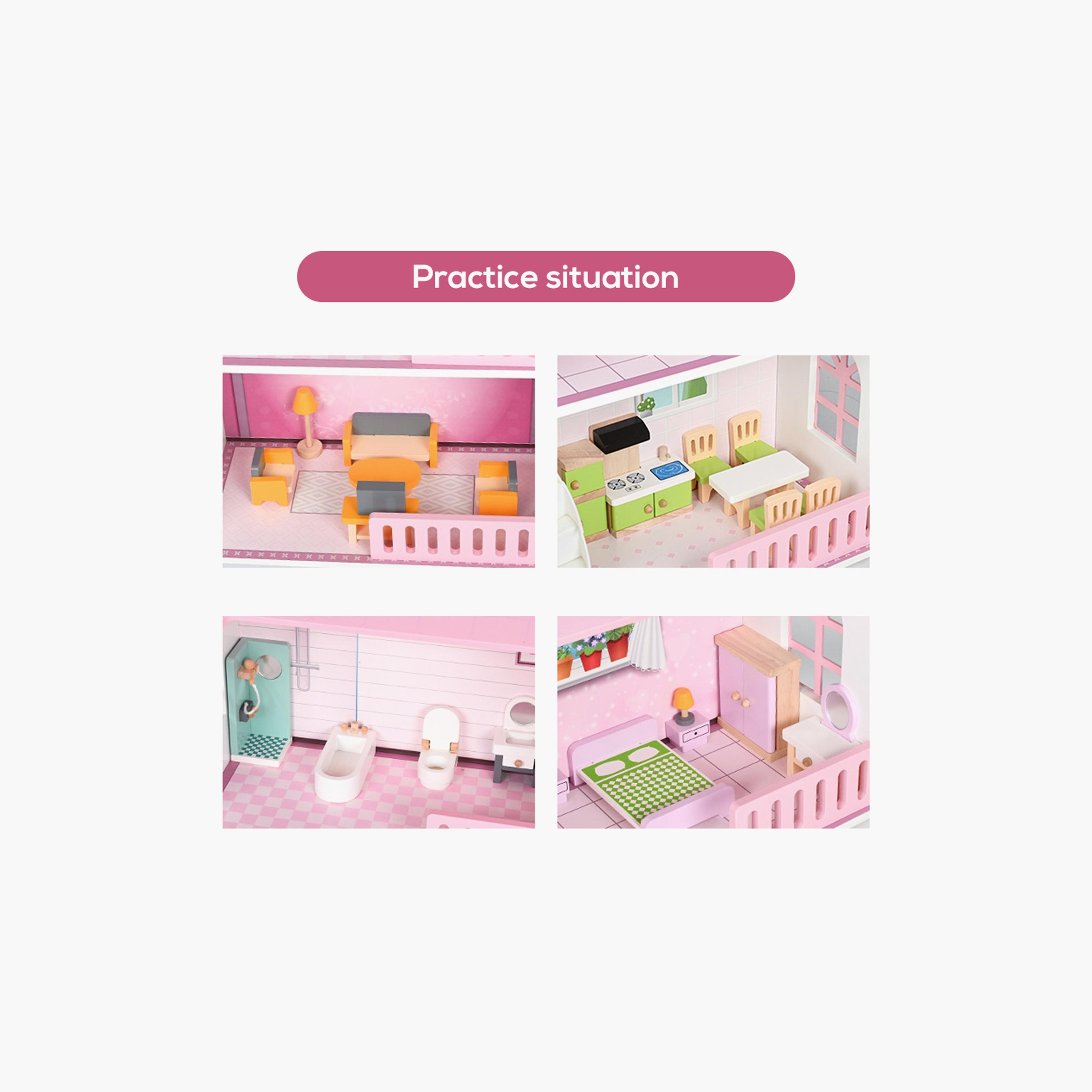 بيت دمى خشبي طابقين مع أثاث وإكسسوارات - وردي من ليتل ستوري.-toys-dollsandplaysets-dollplaysets-image-3
