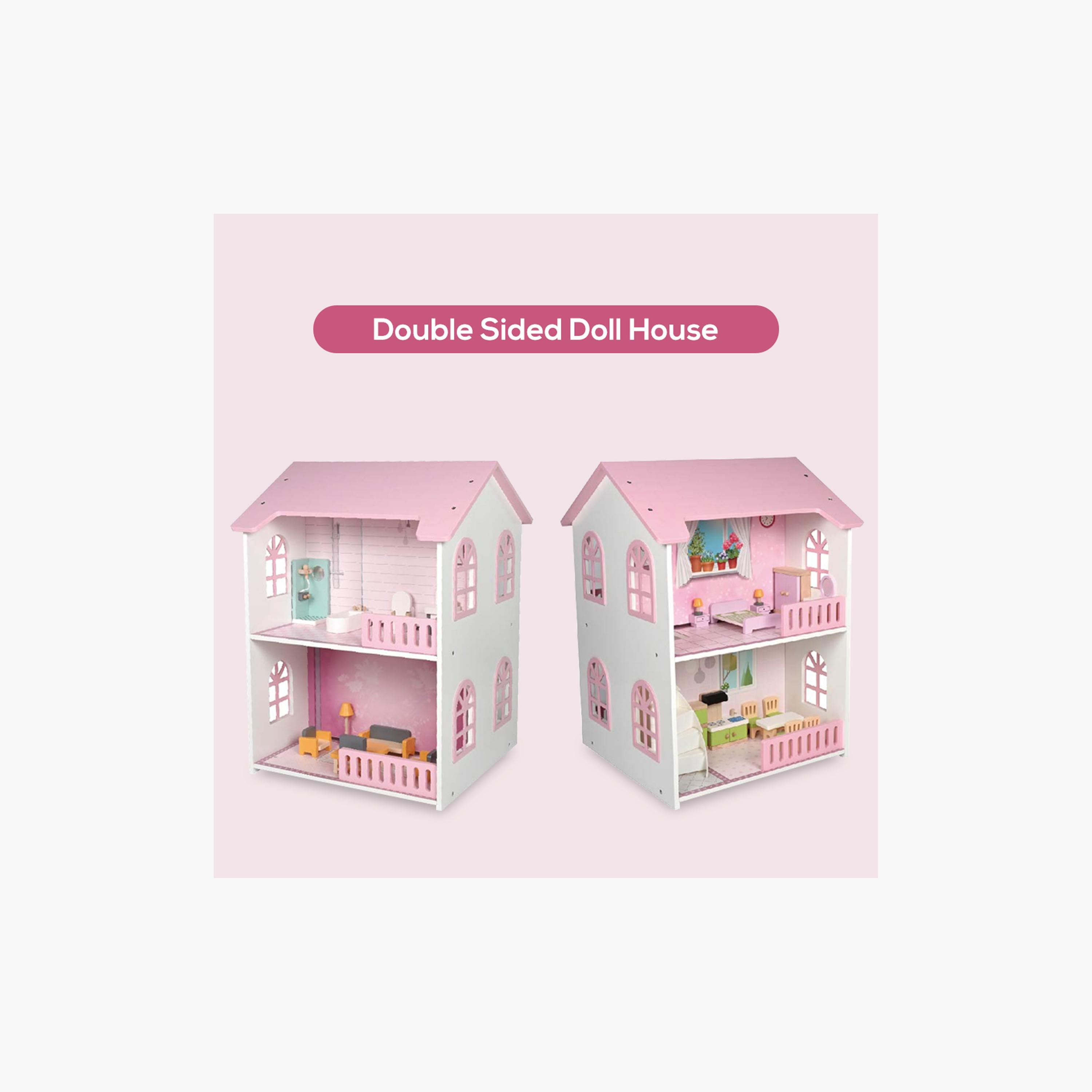 بيت دمى خشبي طابقين مع أثاث وإكسسوارات - وردي من ليتل ستوري.-toys-dollsandplaysets-dollplaysets-image-4