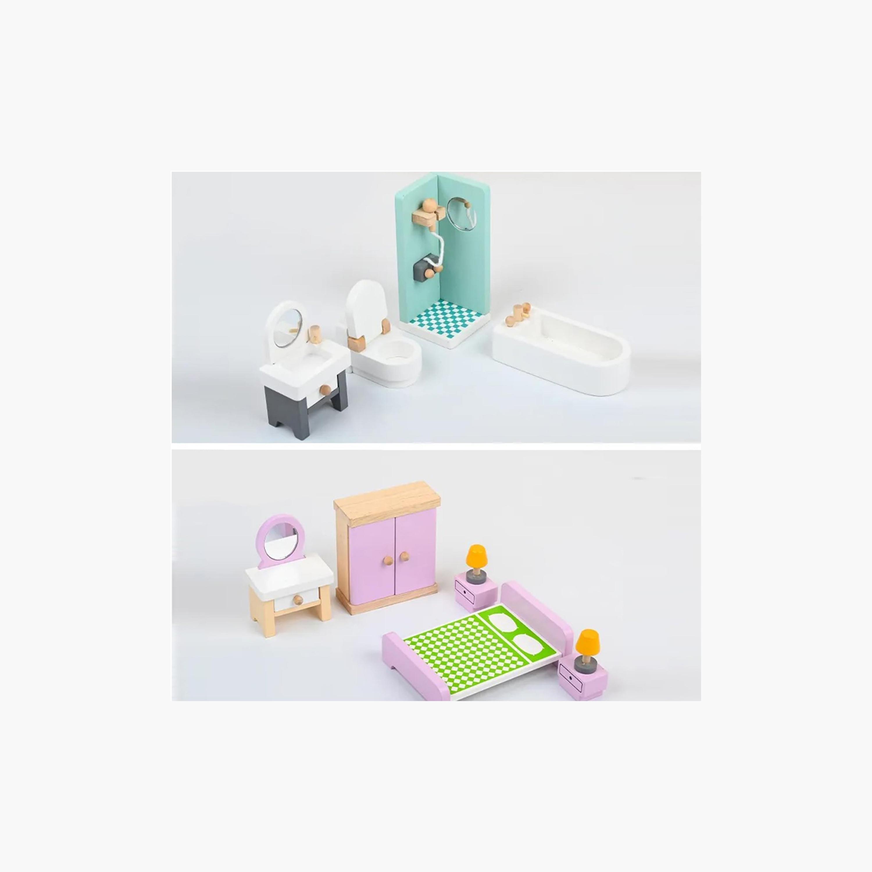 بيت دمى خشبي طابقين مع أثاث وإكسسوارات - وردي من ليتل ستوري.-toys-dollsandplaysets-dollplaysets-image-5