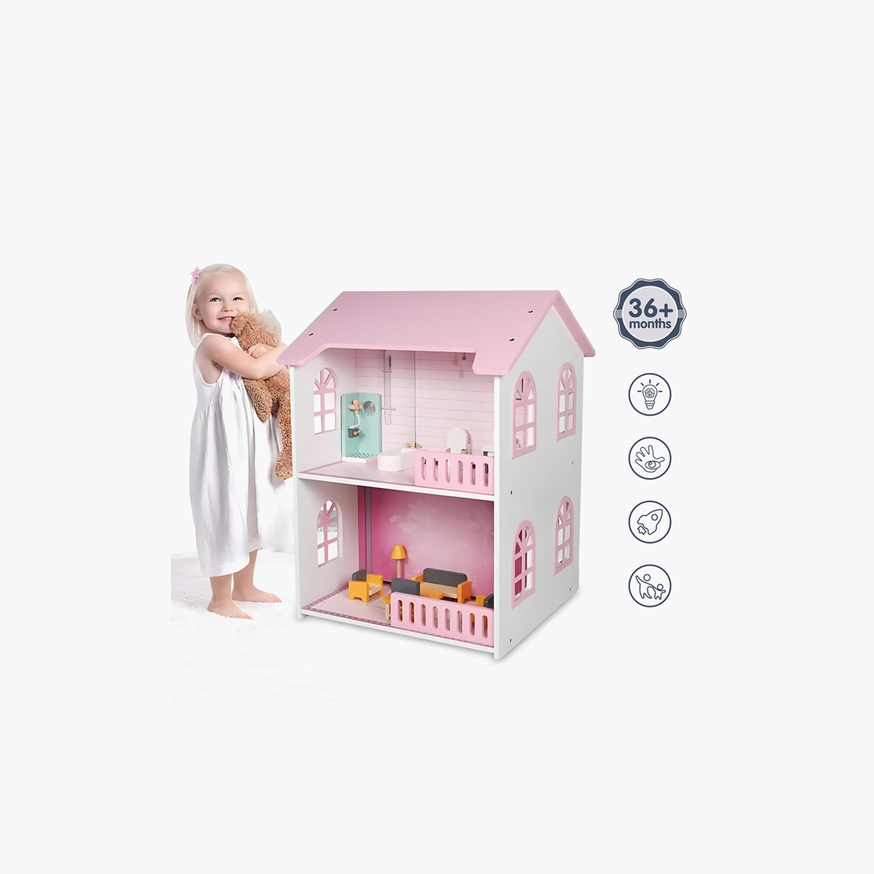 بيت دمى خشبي طابقين مع أثاث وإكسسوارات - وردي من ليتل ستوري.-toys-dollsandplaysets-dollplaysets-image-7