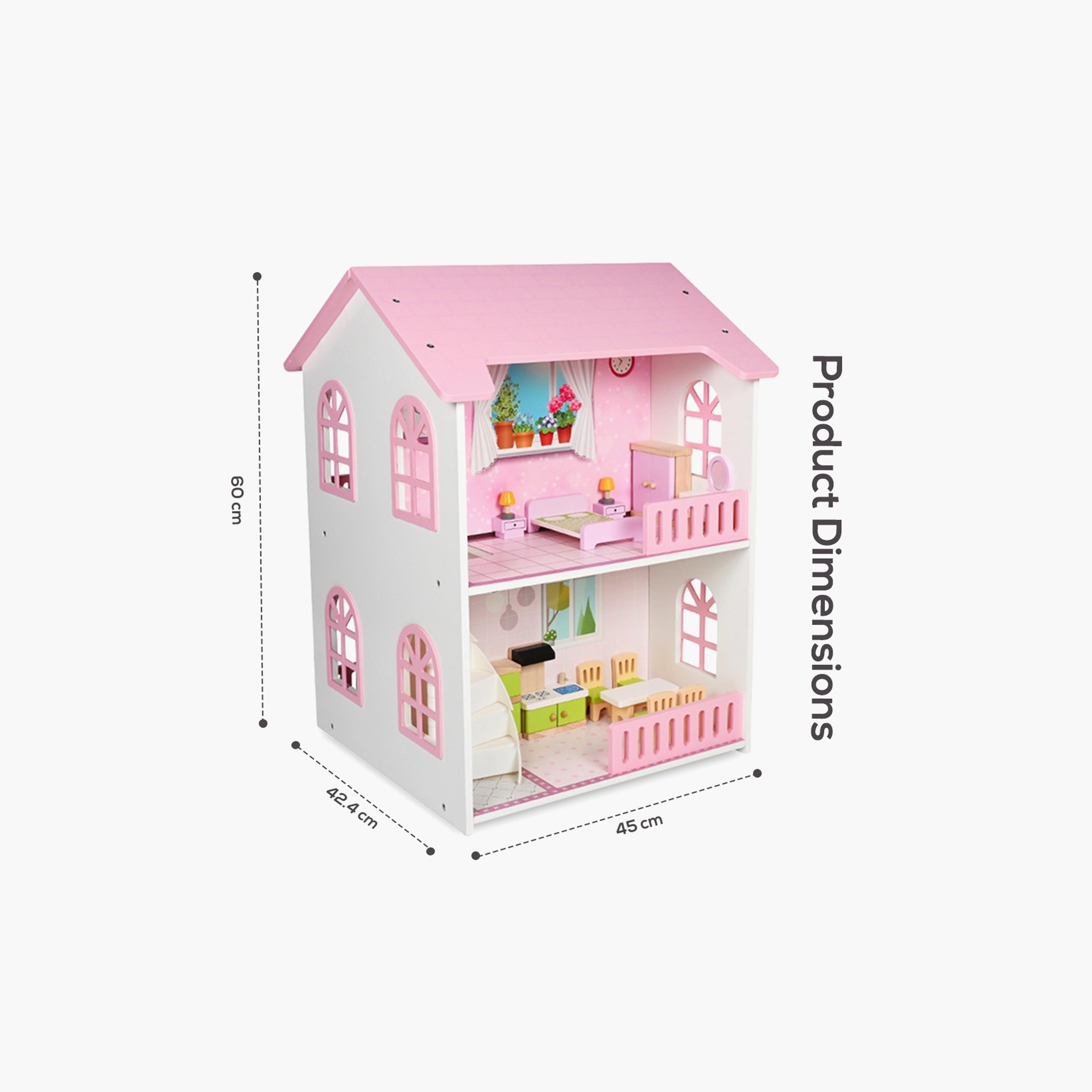 بيت دمى خشبي طابقين مع أثاث وإكسسوارات - وردي من ليتل ستوري.-toys-dollsandplaysets-dollplaysets-image-8
