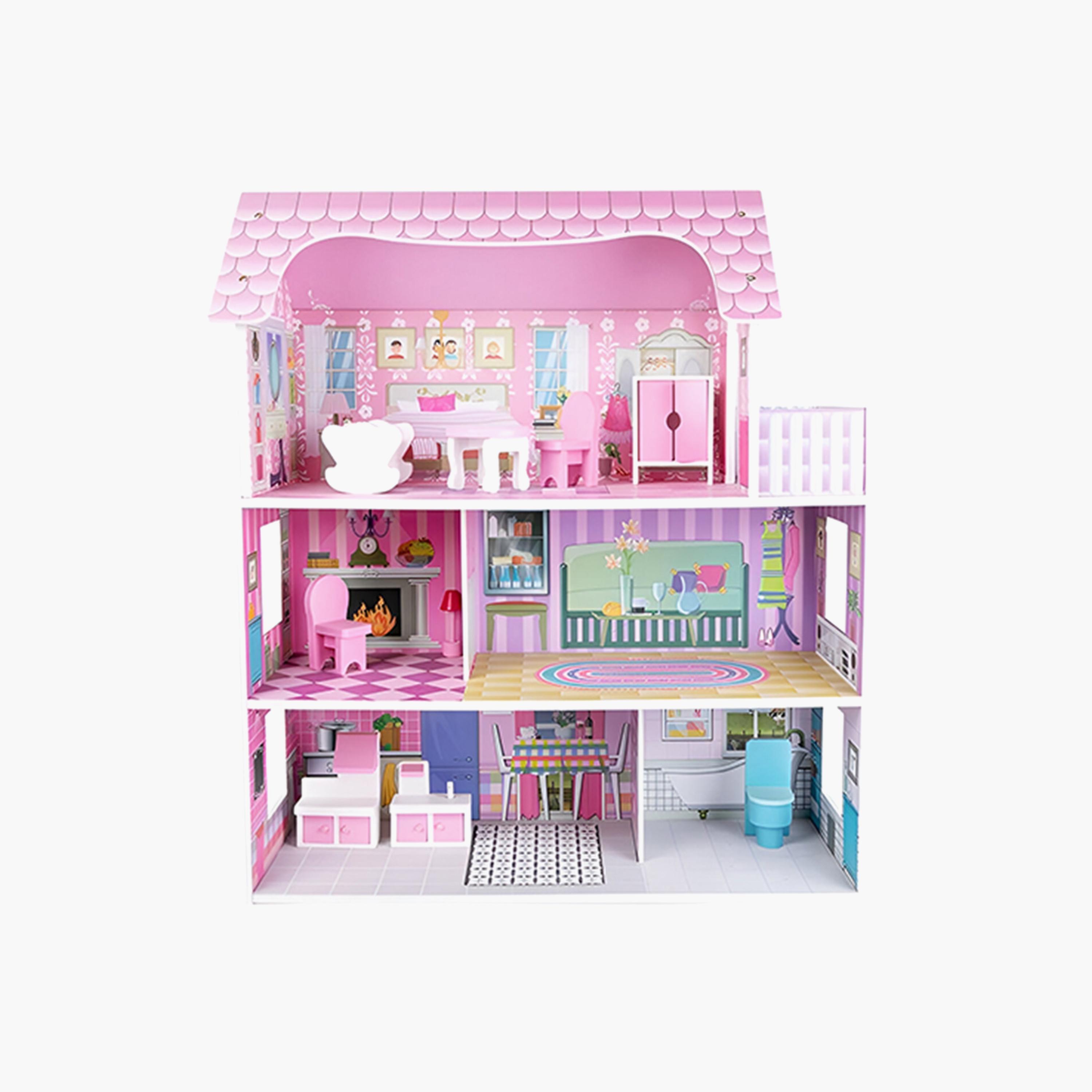 فيلا بيت دمى خشبي طابقين مع أثاث وإكسسوارات - وردي من ليتل ستوري.-toys-dollsandplaysets-dollplaysets-image-1