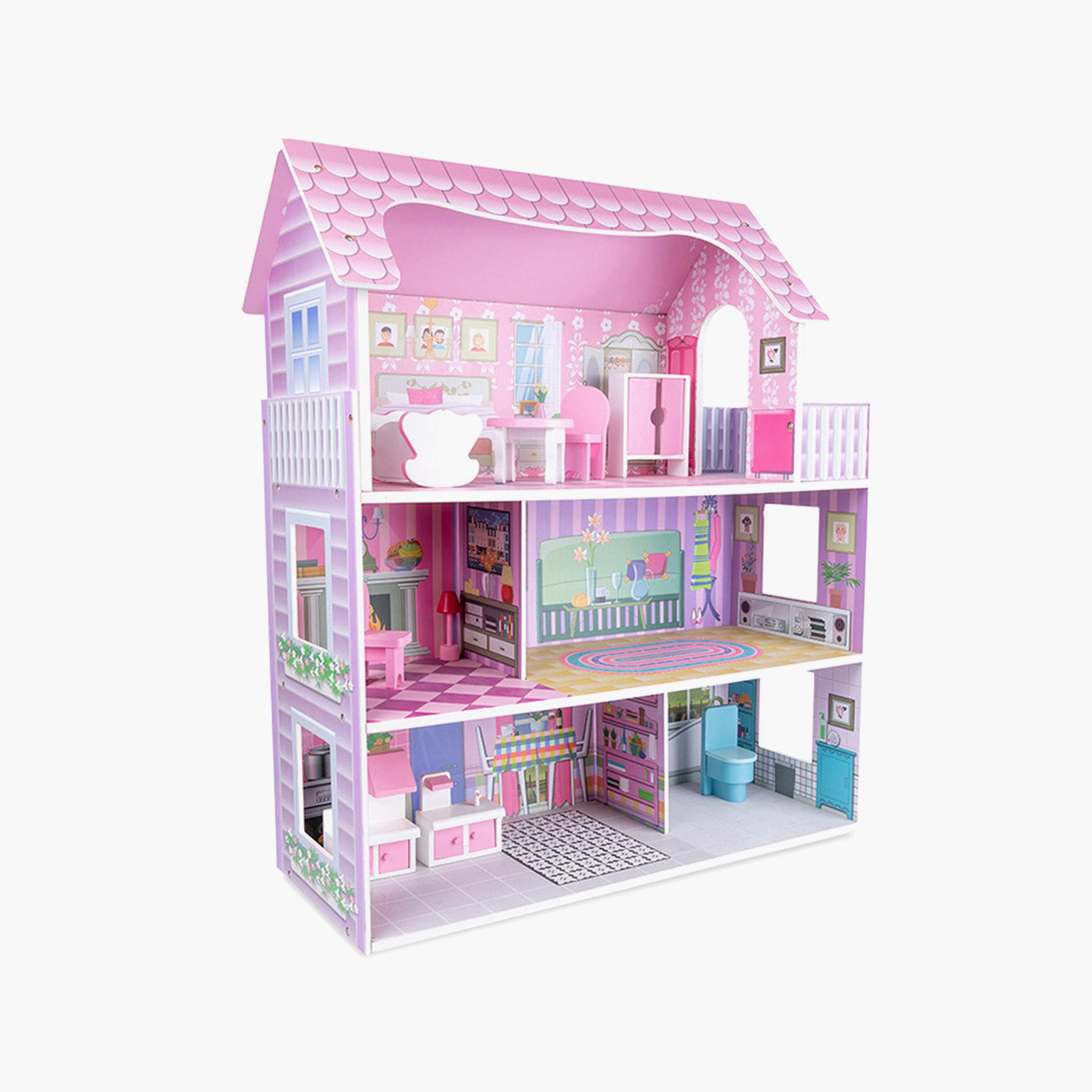 فيلا بيت دمى خشبي طابقين مع أثاث وإكسسوارات - وردي من ليتل ستوري.-toys-dollsandplaysets-dollplaysets-image-2