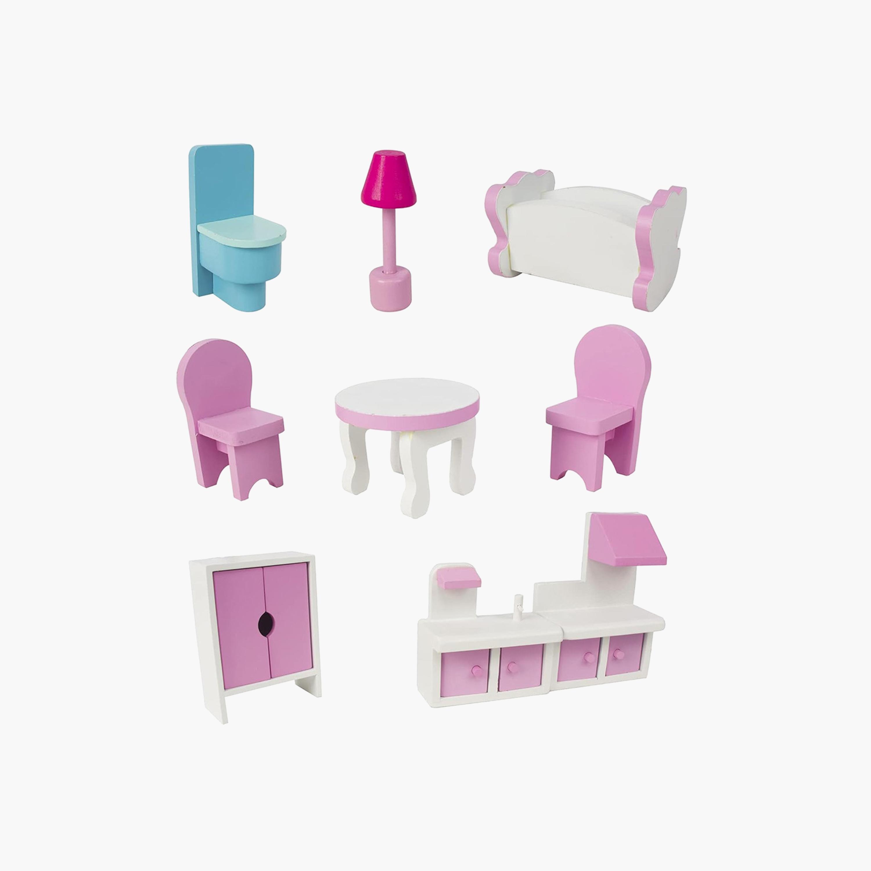 فيلا بيت دمى خشبي طابقين مع أثاث وإكسسوارات - وردي من ليتل ستوري.-toys-dollsandplaysets-dollplaysets-image-3