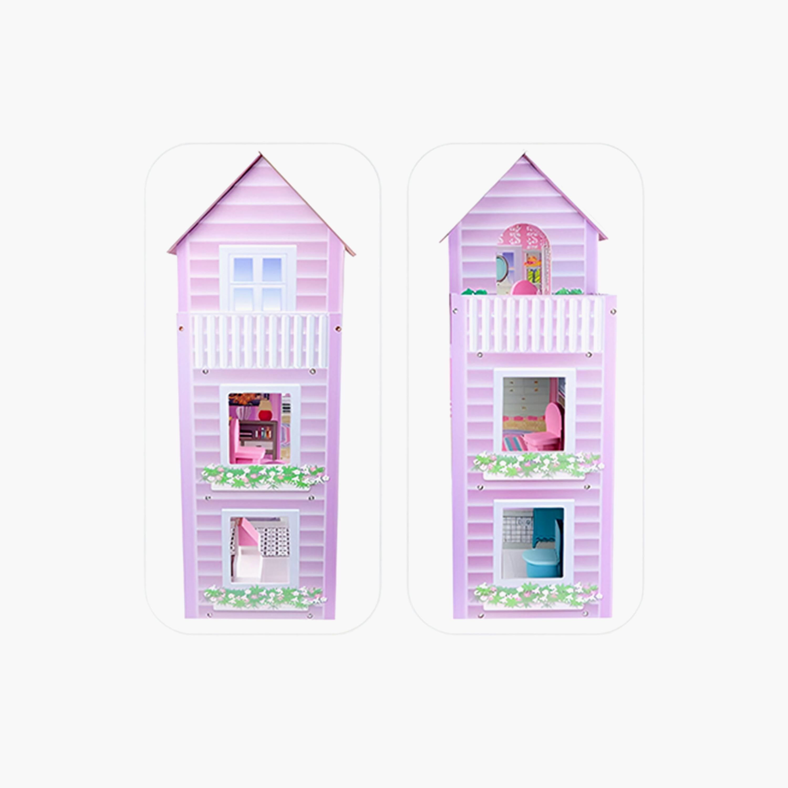 فيلا بيت دمى خشبي طابقين مع أثاث وإكسسوارات - وردي من ليتل ستوري.-toys-dollsandplaysets-dollplaysets-image-4