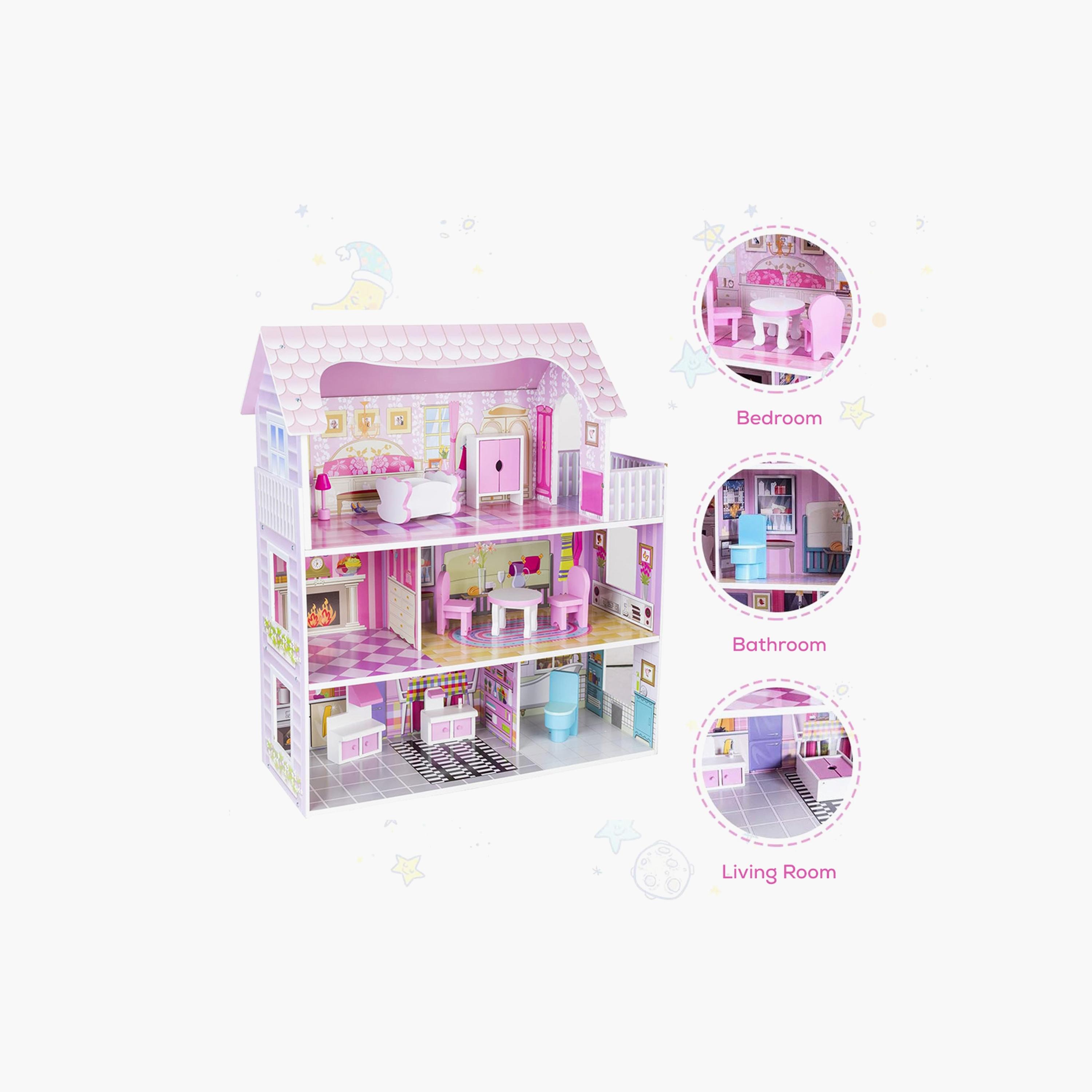 فيلا بيت دمى خشبي طابقين مع أثاث وإكسسوارات - وردي من ليتل ستوري.-toys-dollsandplaysets-dollplaysets-image-5