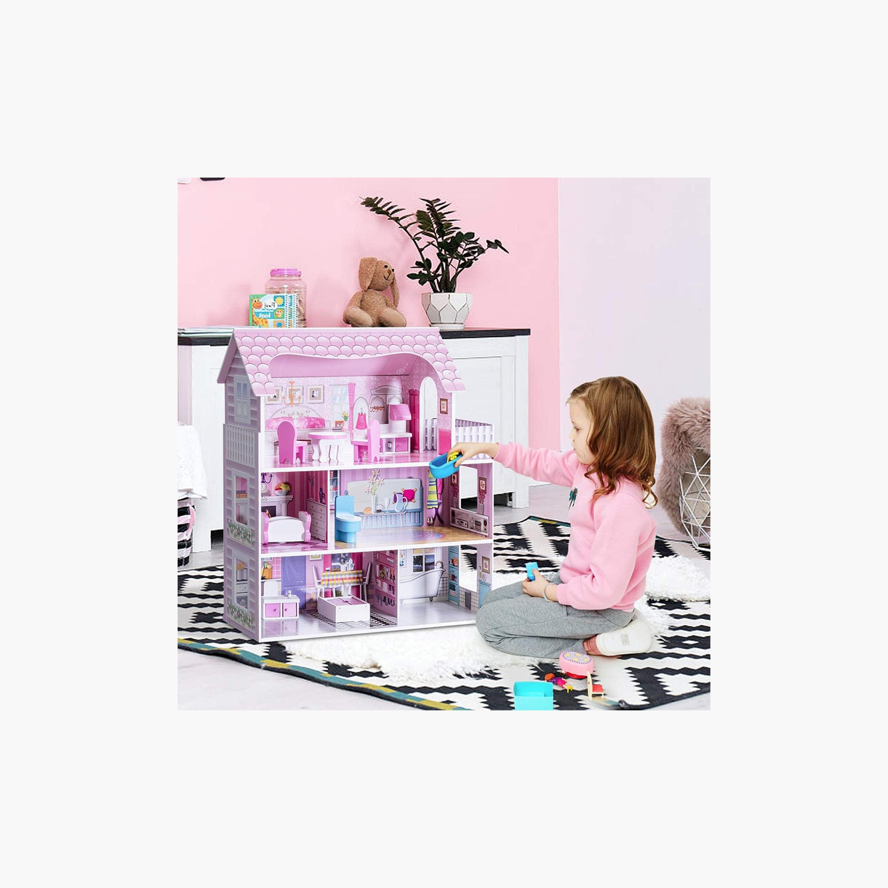فيلا بيت دمى خشبي طابقين مع أثاث وإكسسوارات - وردي من ليتل ستوري.-toys-dollsandplaysets-dollplaysets-image-6