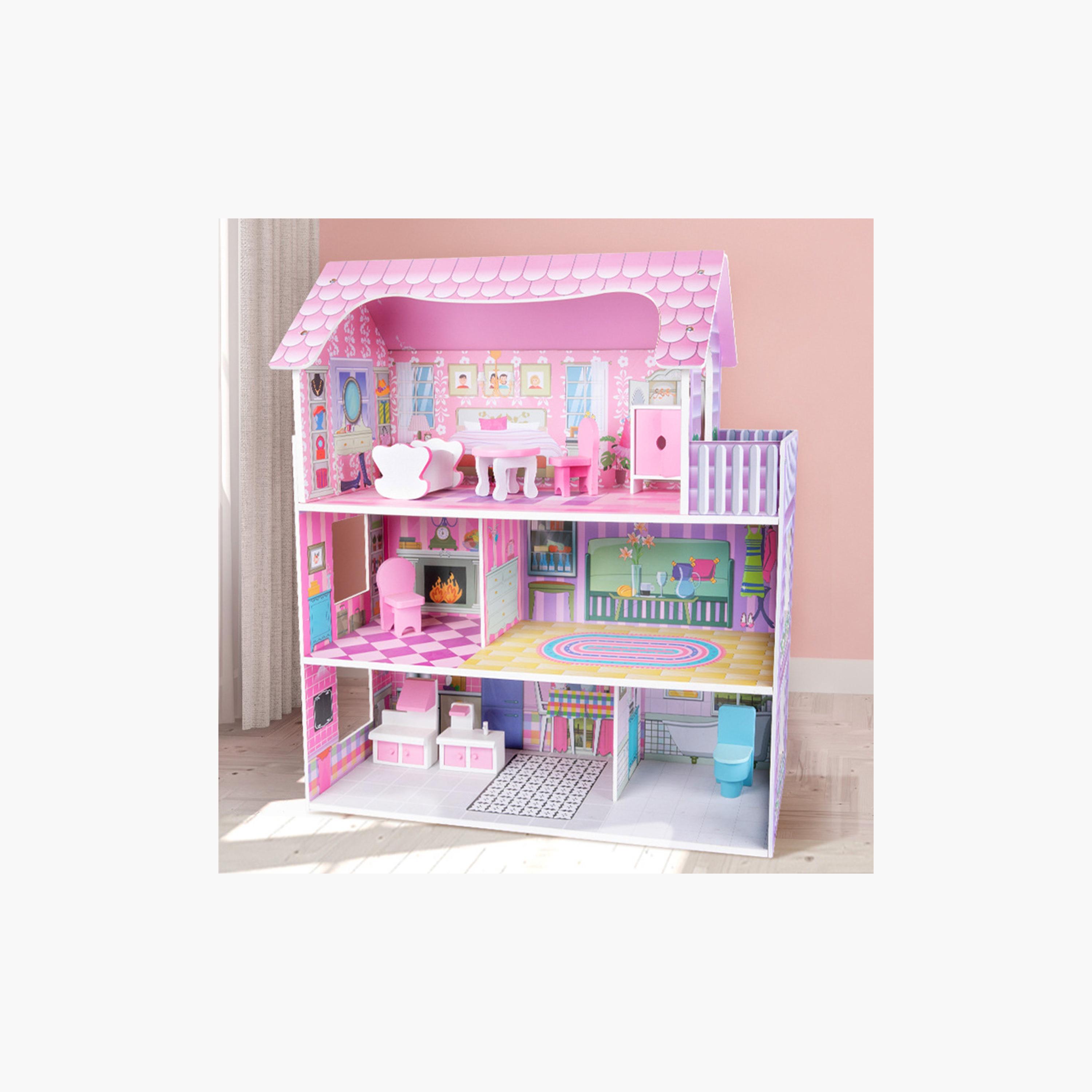 فيلا بيت دمى خشبي طابقين مع أثاث وإكسسوارات - وردي من ليتل ستوري.-toys-dollsandplaysets-dollplaysets-image-7
