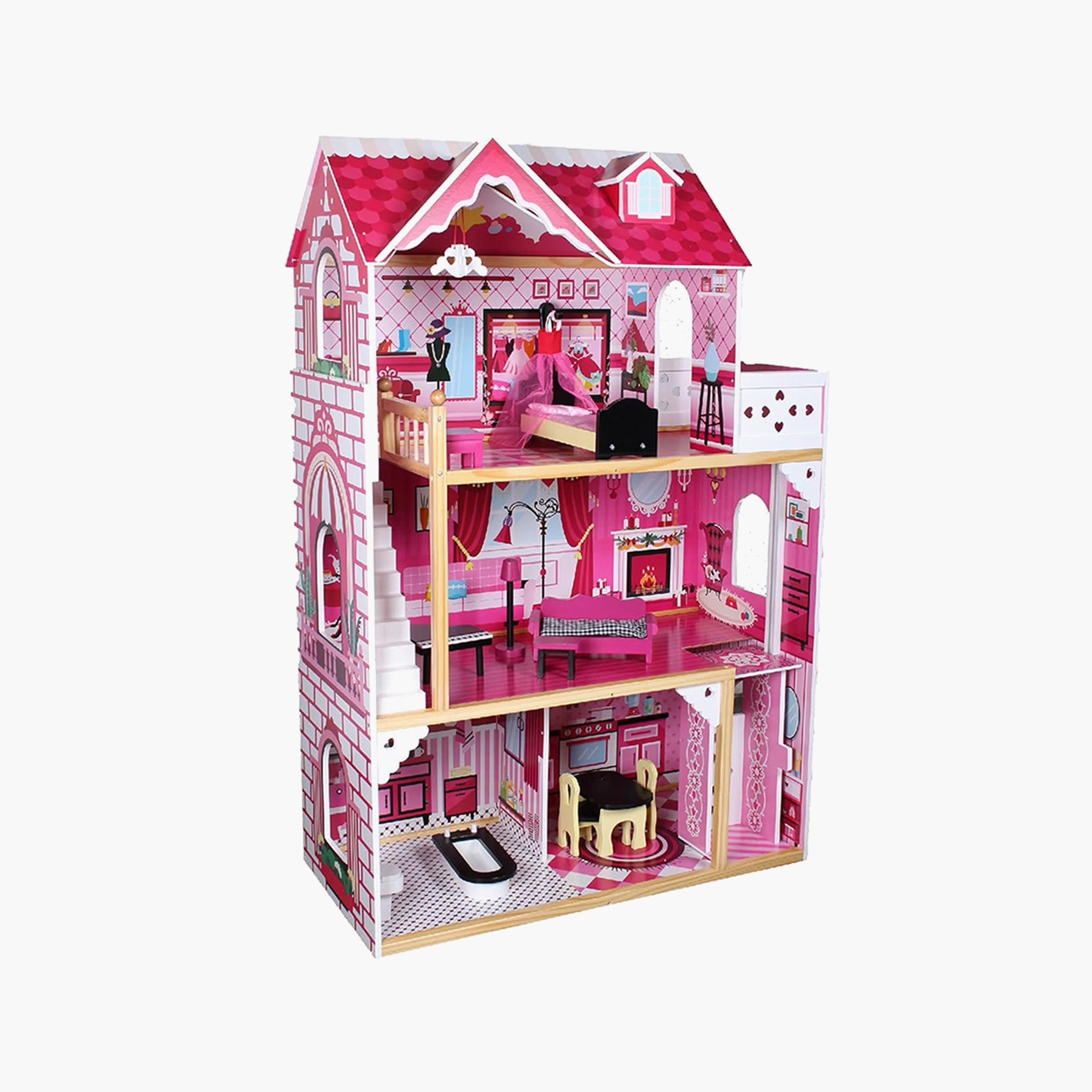 بيت دمى خشبي كبير جداً 3 طوابق مع أثاث وإكسسوارات - وردي من ليتل ستوري.-toys-dollsandplaysets-dollplaysets-image-1