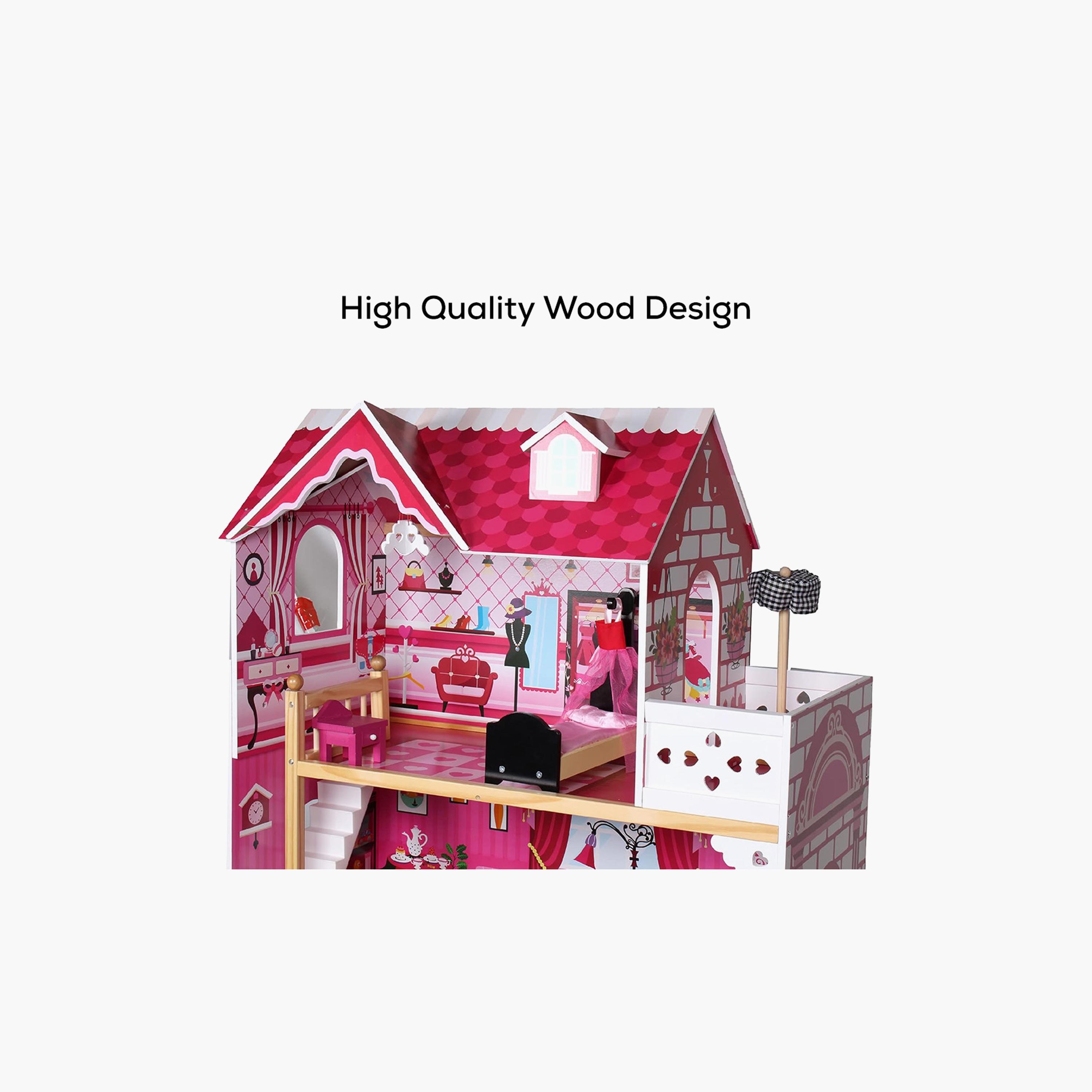 بيت دمى خشبي كبير جداً 3 طوابق مع أثاث وإكسسوارات - وردي من ليتل ستوري.-toys-dollsandplaysets-dollplaysets-image-2