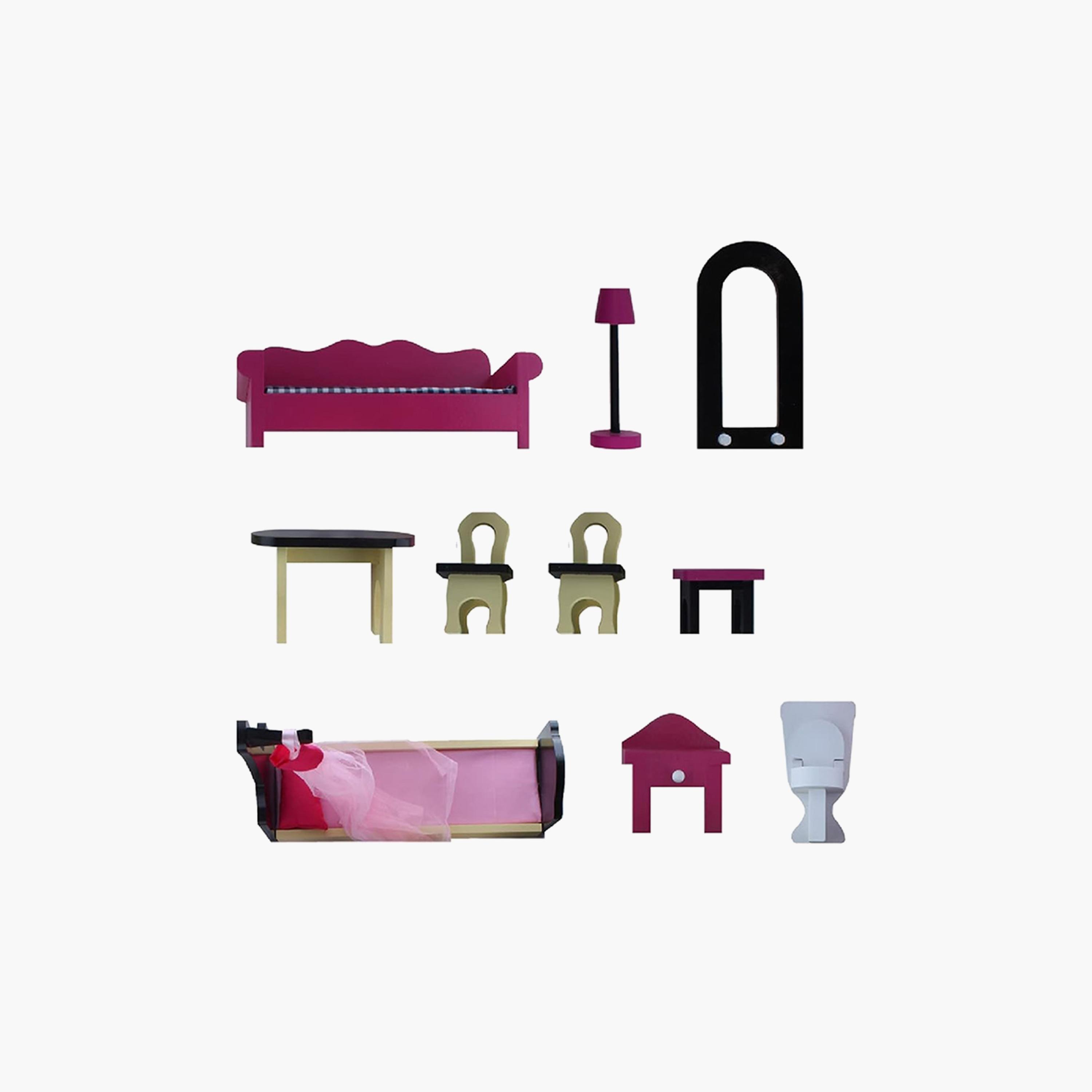 بيت دمى خشبي كبير جداً 3 طوابق مع أثاث وإكسسوارات - وردي من ليتل ستوري.-toys-dollsandplaysets-dollplaysets-image-3