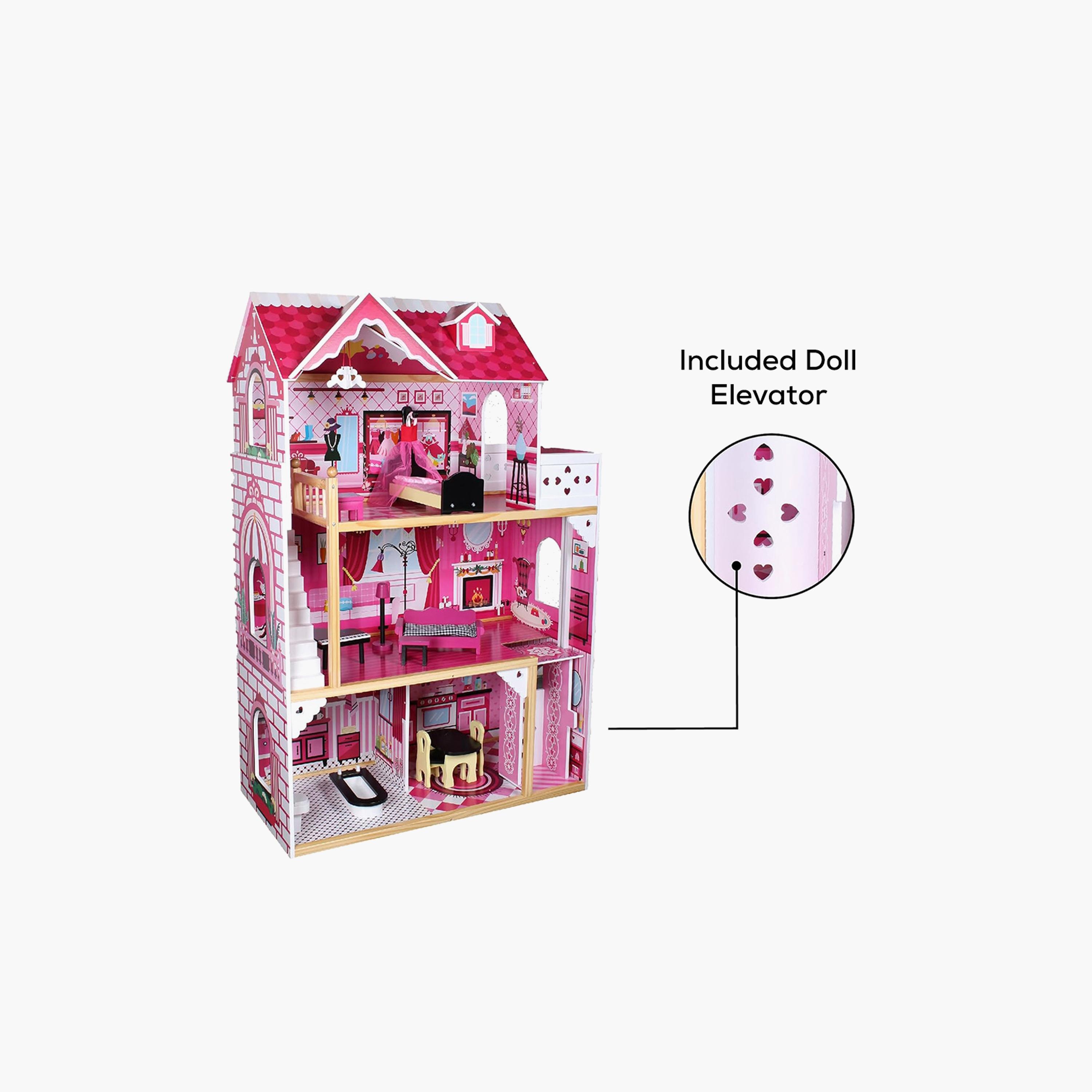 بيت دمى خشبي كبير جداً 3 طوابق مع أثاث وإكسسوارات - وردي من ليتل ستوري.-toys-dollsandplaysets-dollplaysets-image-4