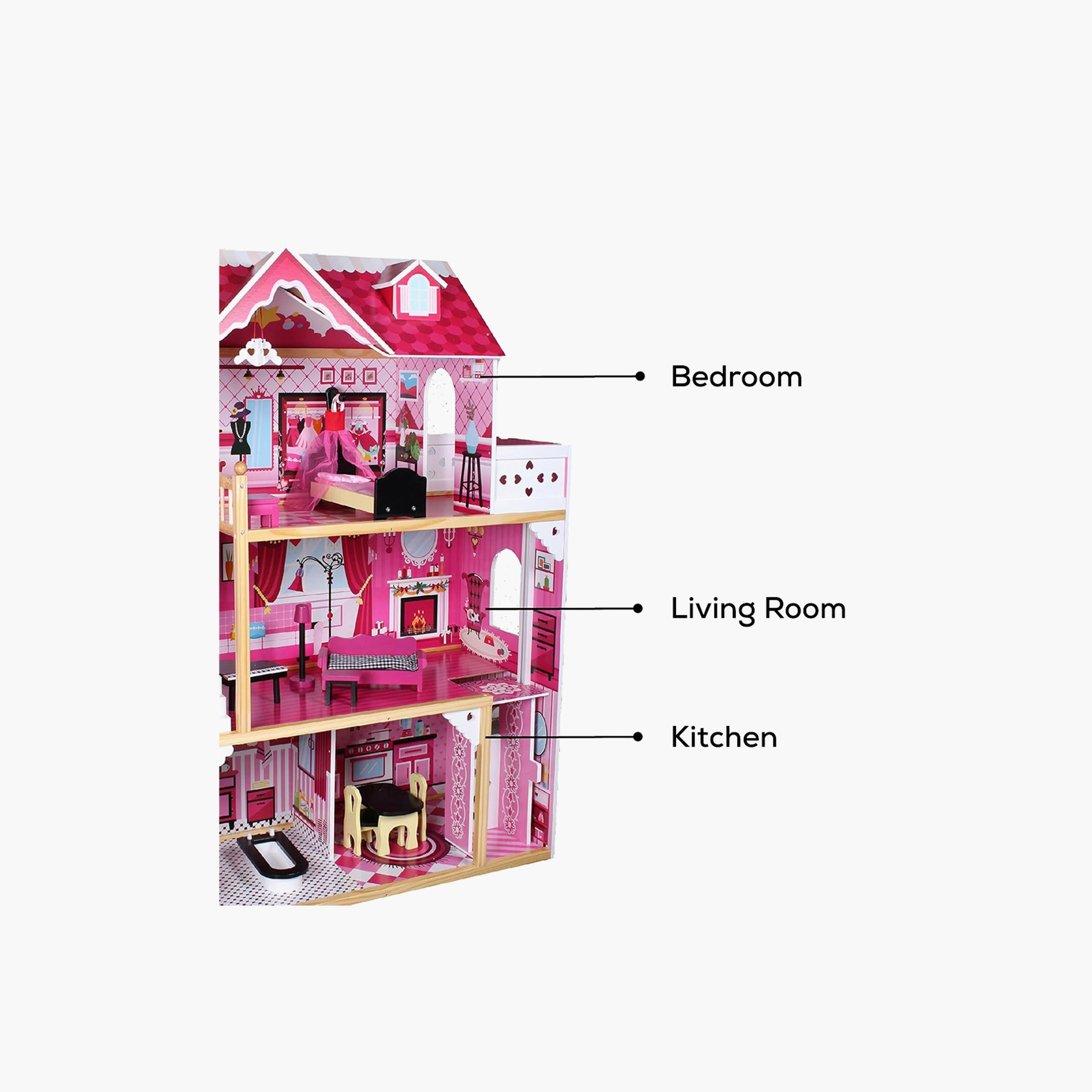 بيت دمى خشبي كبير جداً 3 طوابق مع أثاث وإكسسوارات - وردي من ليتل ستوري.-toys-dollsandplaysets-dollplaysets-image-5