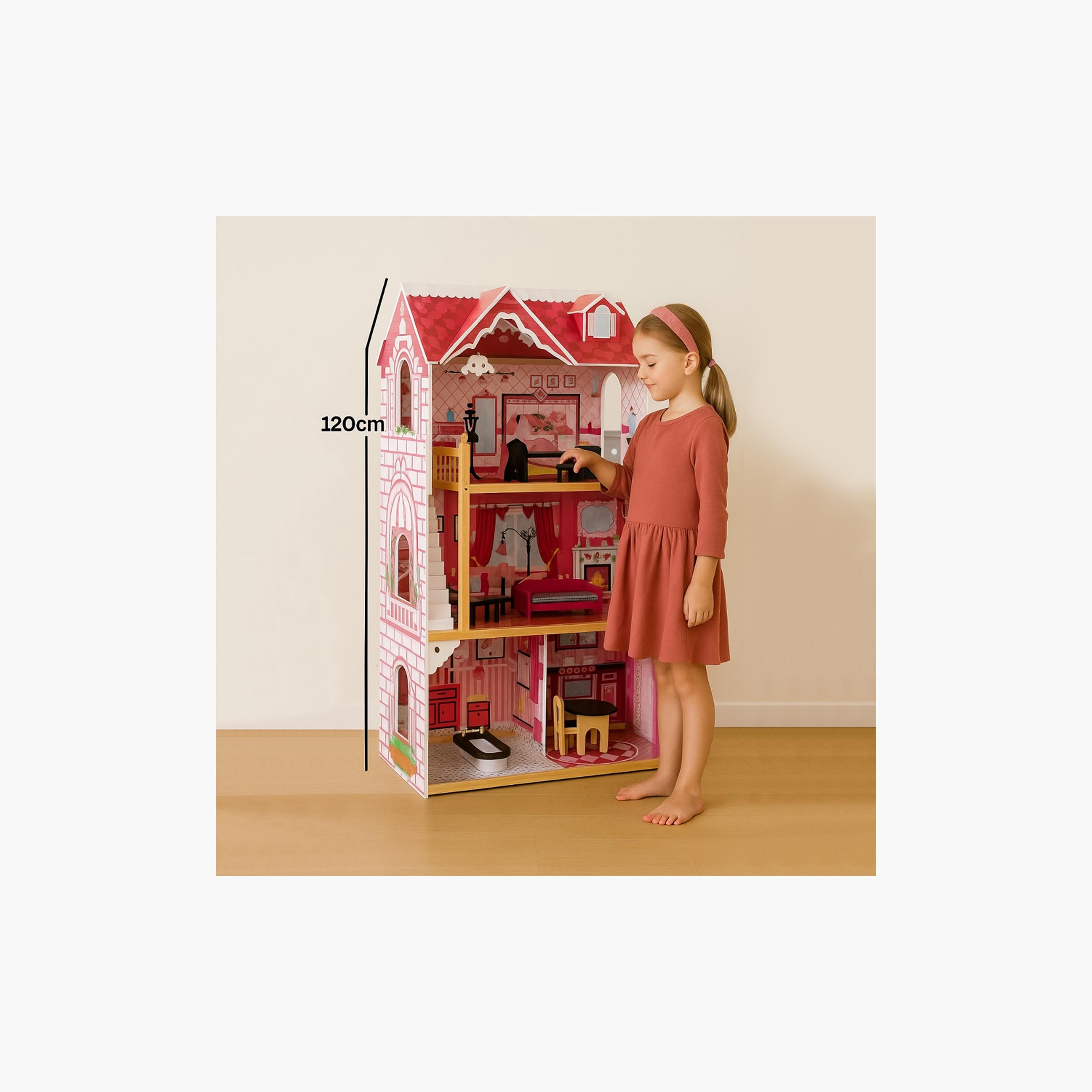 بيت دمى خشبي كبير جداً 3 طوابق مع أثاث وإكسسوارات - وردي من ليتل ستوري.-toys-dollsandplaysets-dollplaysets-image-6