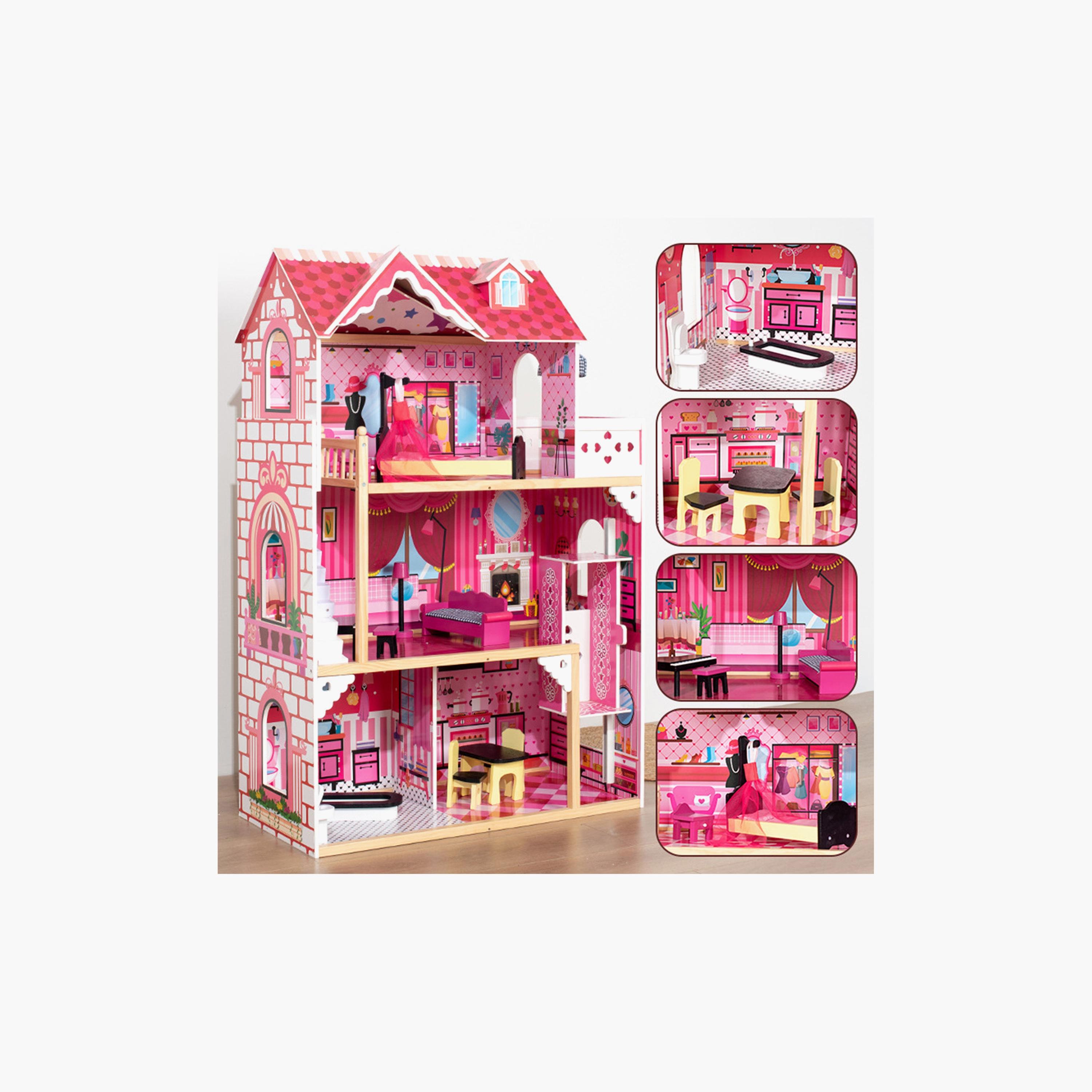 بيت دمى خشبي كبير جداً 3 طوابق مع أثاث وإكسسوارات - وردي من ليتل ستوري.-toys-dollsandplaysets-dollplaysets-image-7