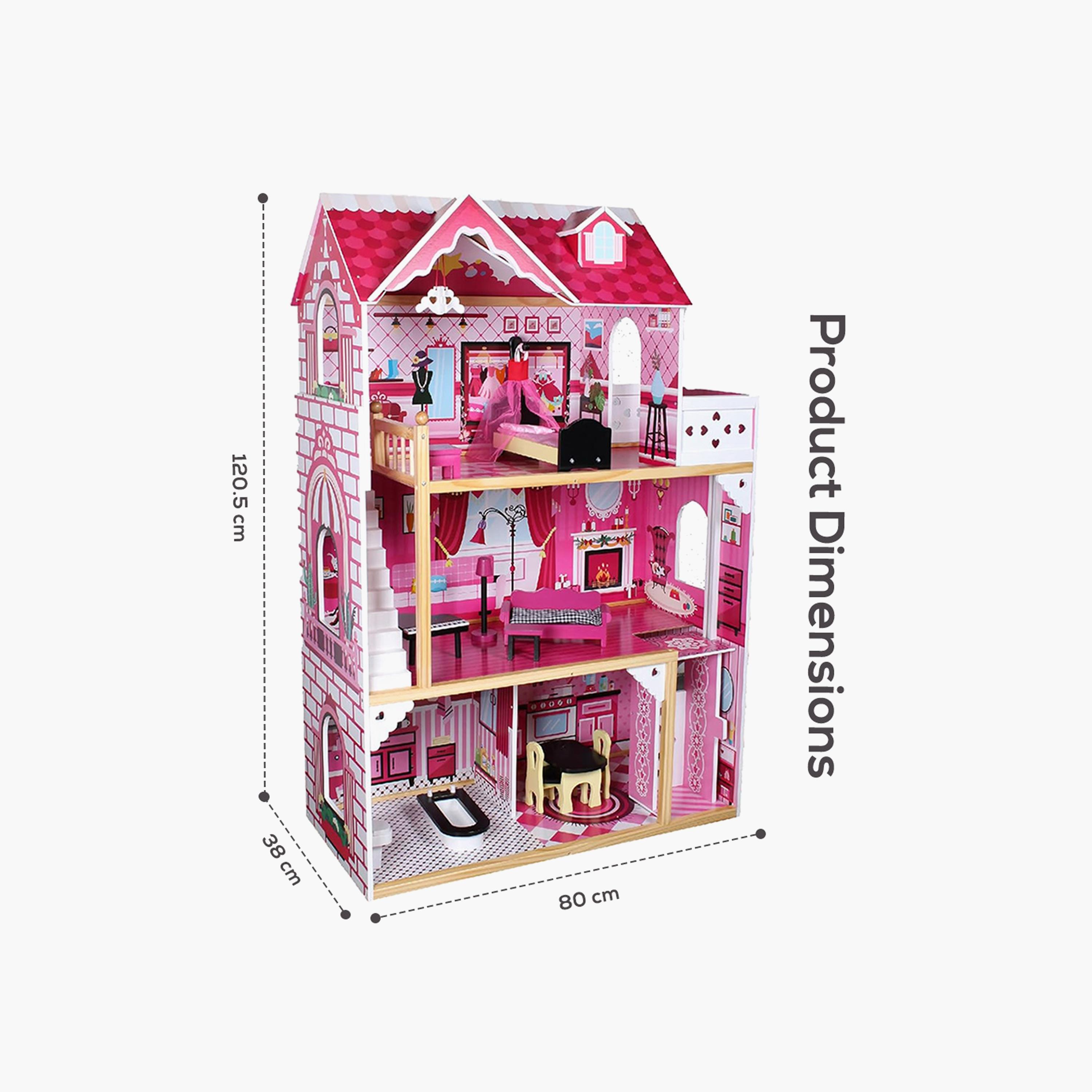 بيت دمى خشبي كبير جداً 3 طوابق مع أثاث وإكسسوارات - وردي من ليتل ستوري.-toys-dollsandplaysets-dollplaysets-image-8