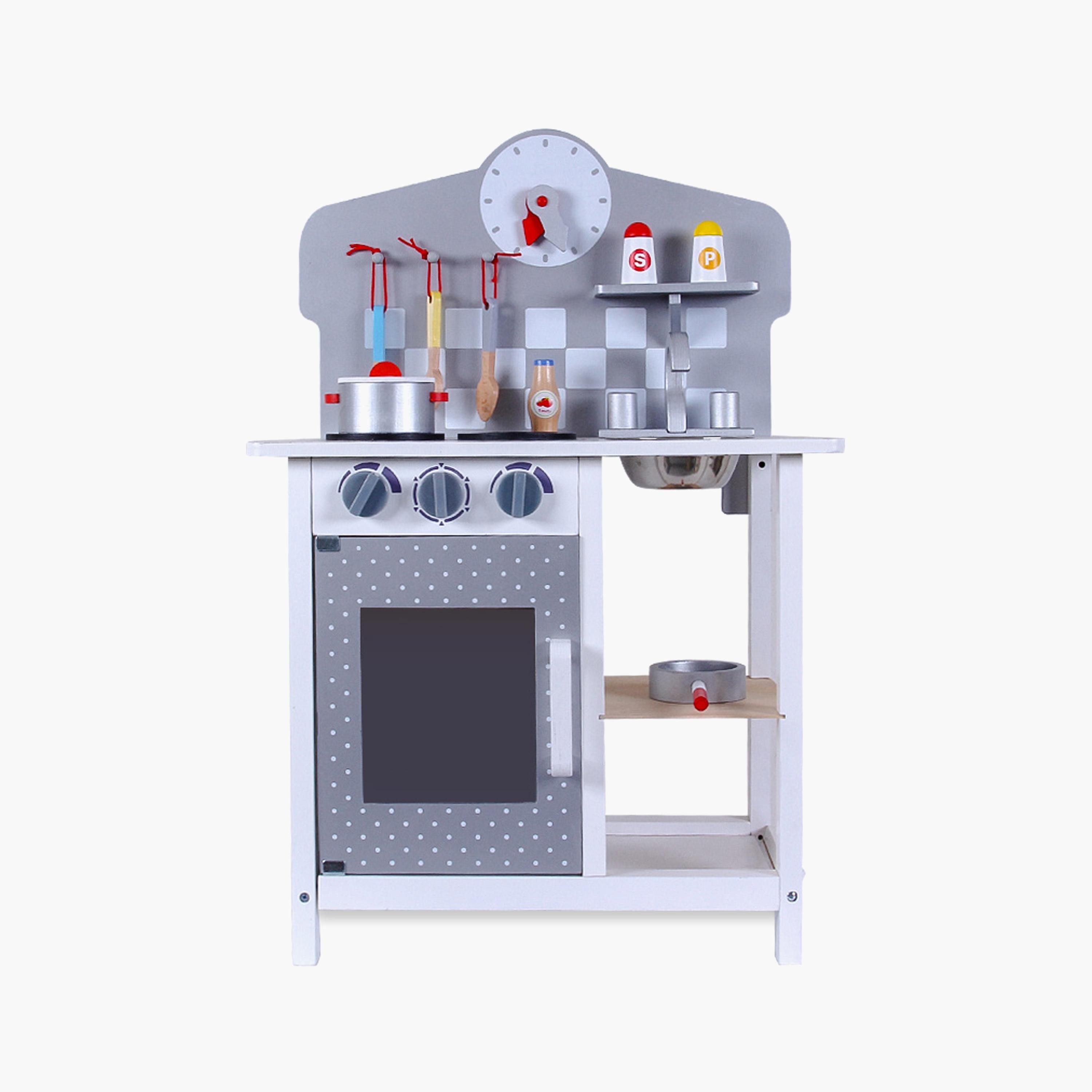 Little Story Wooden Kitchen with Wall Clock Pretend Play Set - Slate Grey-toys-roleplay-image-1