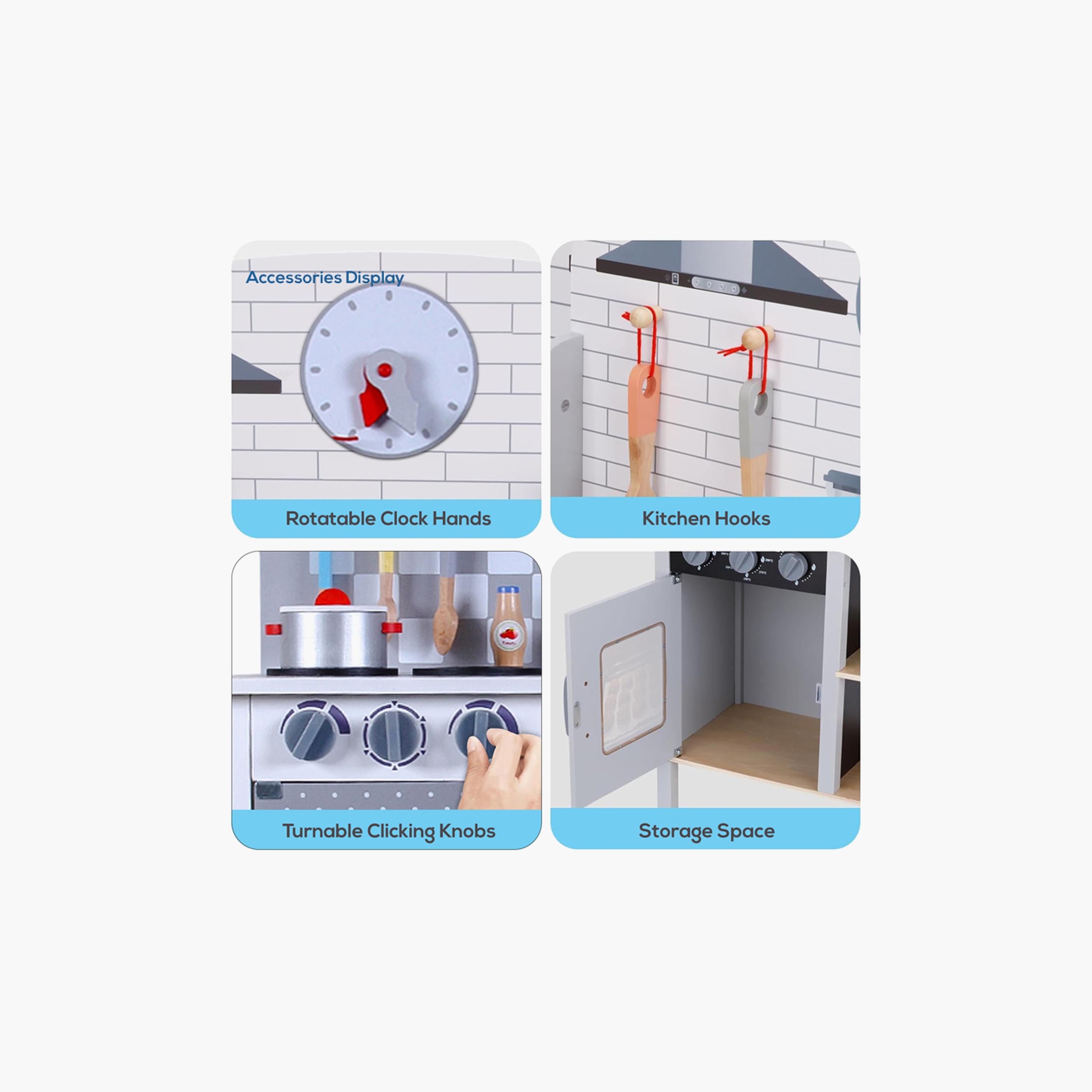 Little Story Wooden Kitchen with Wall Clock Pretend Play Set - Slate Grey-toys-roleplay-image-10
