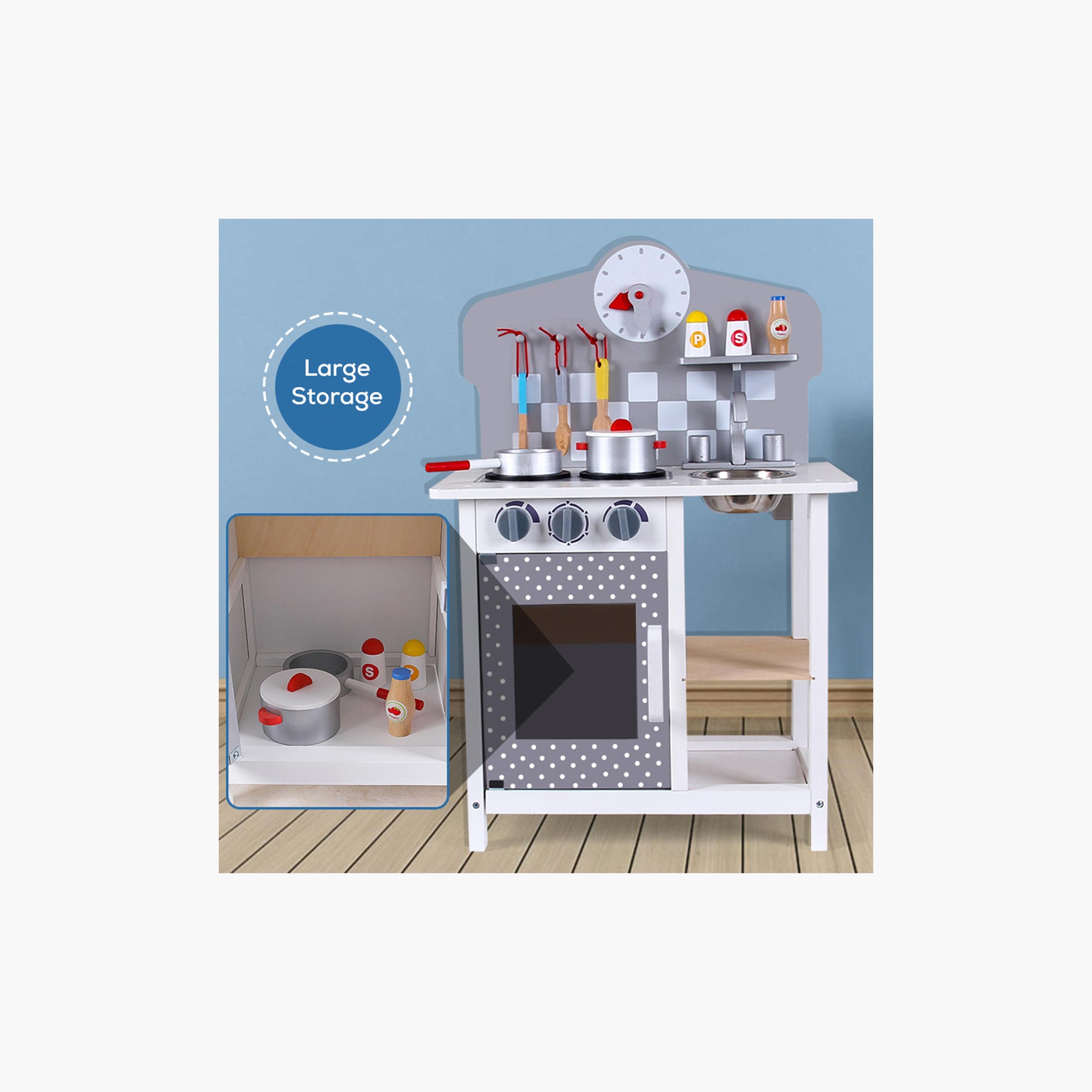 Little Story Wooden Kitchen with Wall Clock Pretend Play Set - Slate Grey-toys-roleplay-image-4