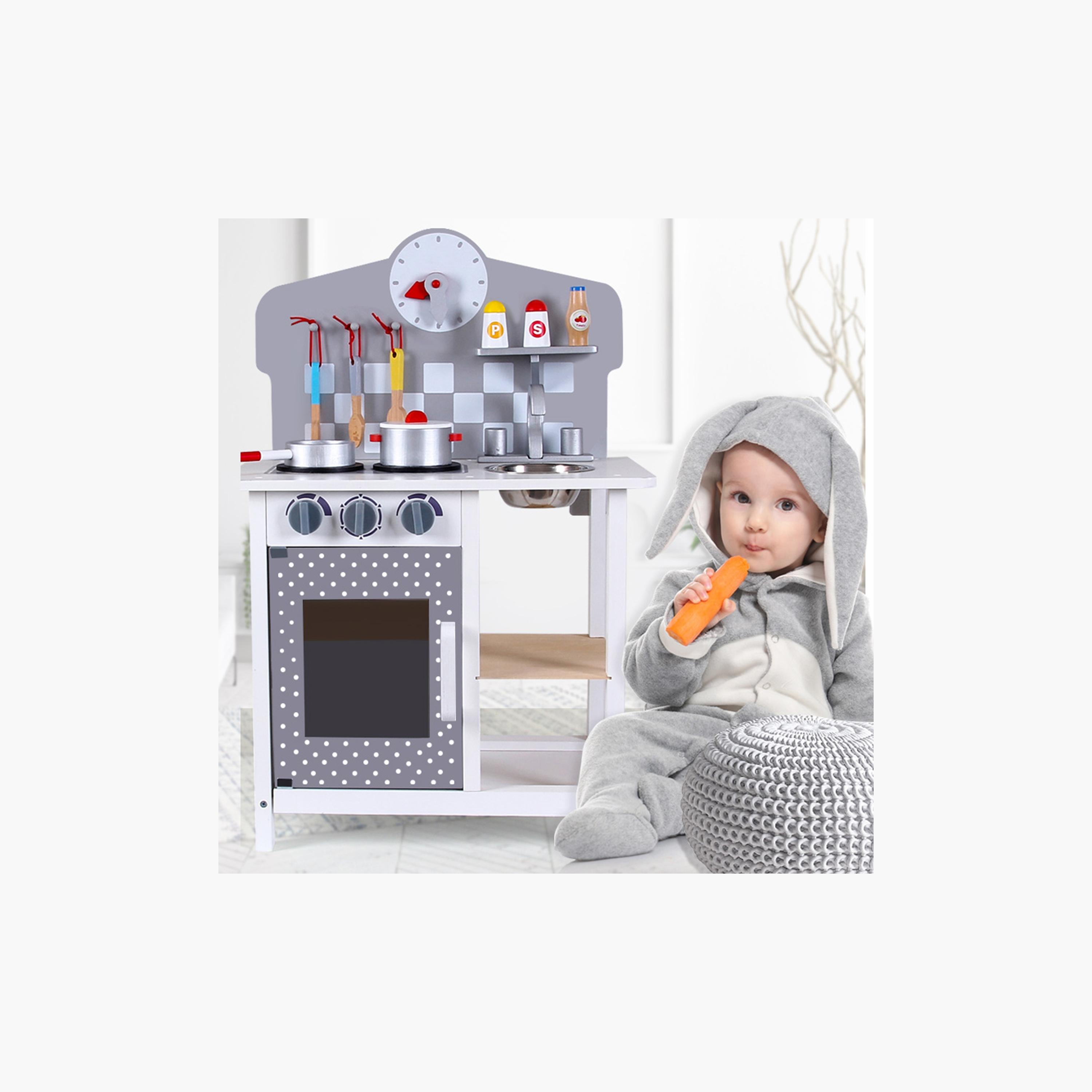 Little Story Wooden Kitchen with Wall Clock Pretend Play Set - Slate Grey-toys-roleplay-image-6