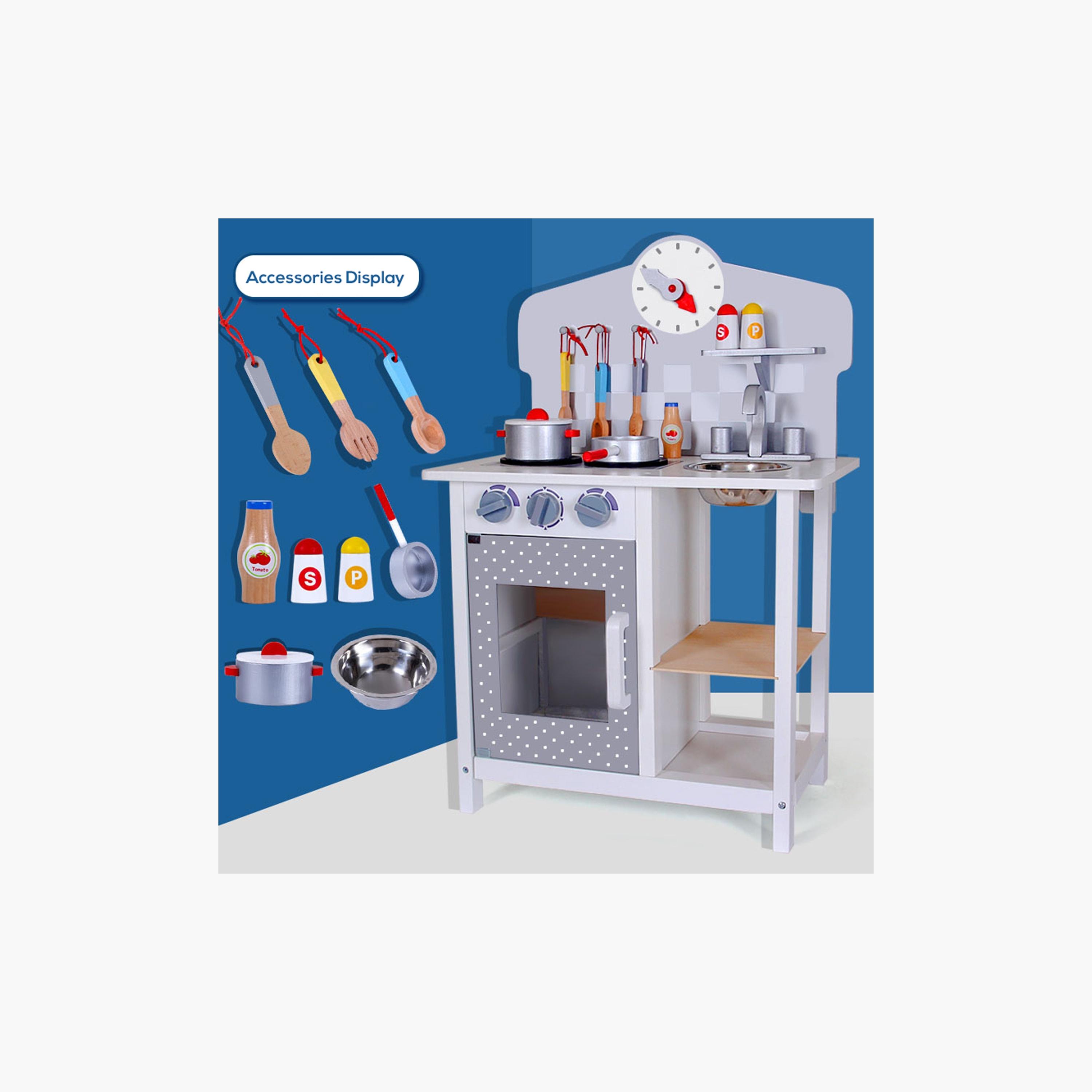 Little Story Wooden Kitchen with Wall Clock Pretend Play Set - Slate Grey-toys-roleplay-image-7