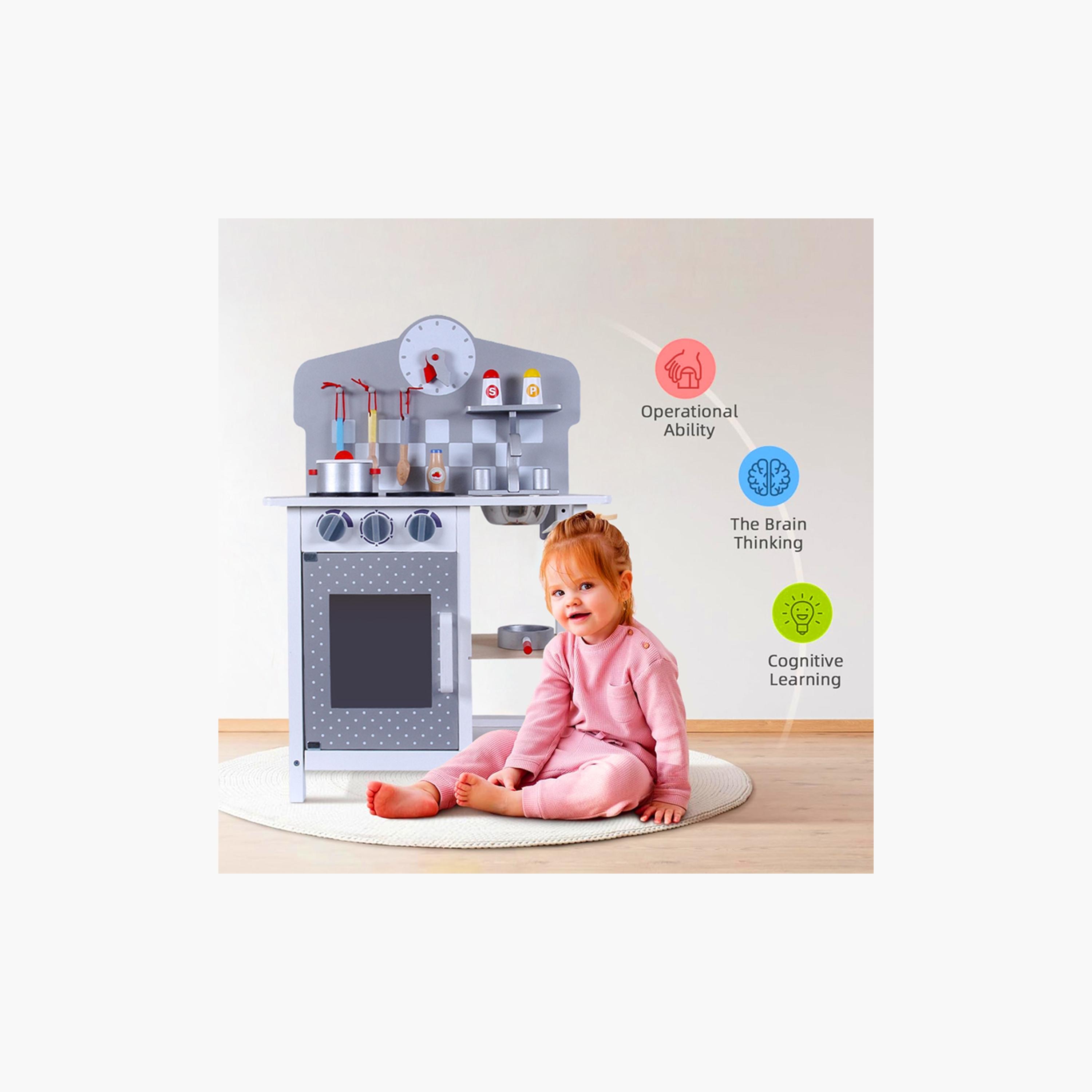 Little Story Wooden Kitchen with Wall Clock Pretend Play Set - Slate Grey-toys-roleplay-image-8