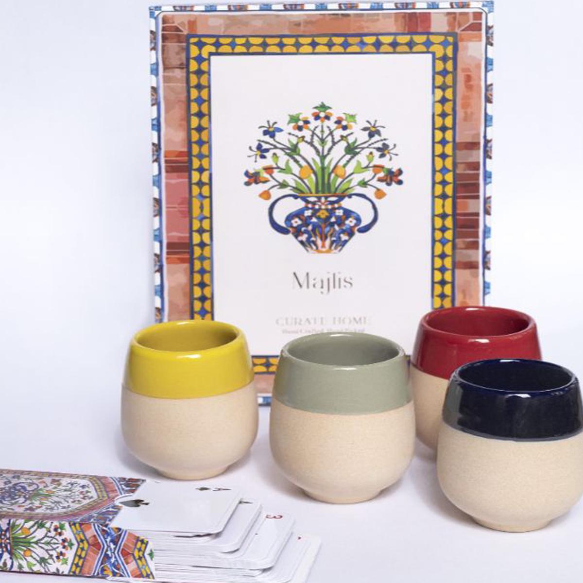 Majlis 4-Piece Ceramic Cup Set with Playing Cards - 100 ml