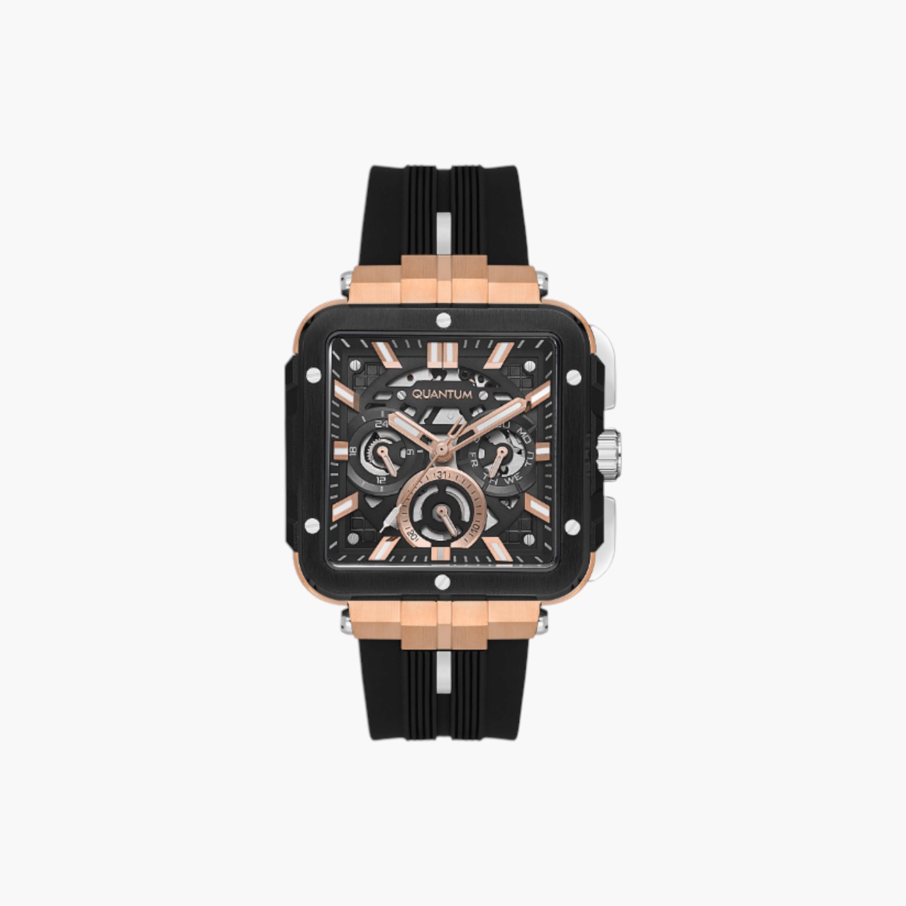 Quantum Square Multifunction Watch, Black Silicone Strap-men-watchesandjewellery-watches-image-1