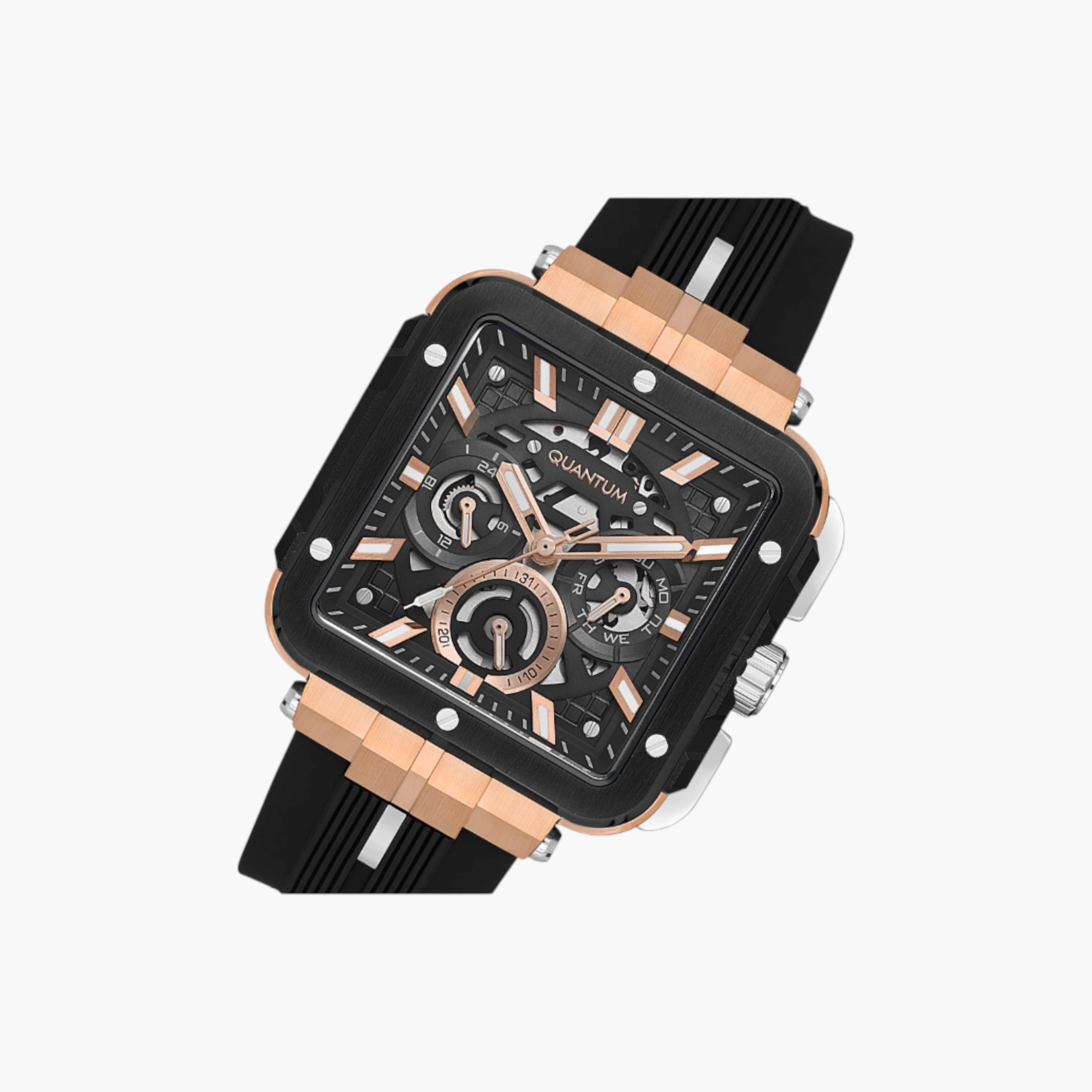 Quantum Square Multifunction Watch, Black Silicone Strap-men-watchesandjewellery-watches-image-4