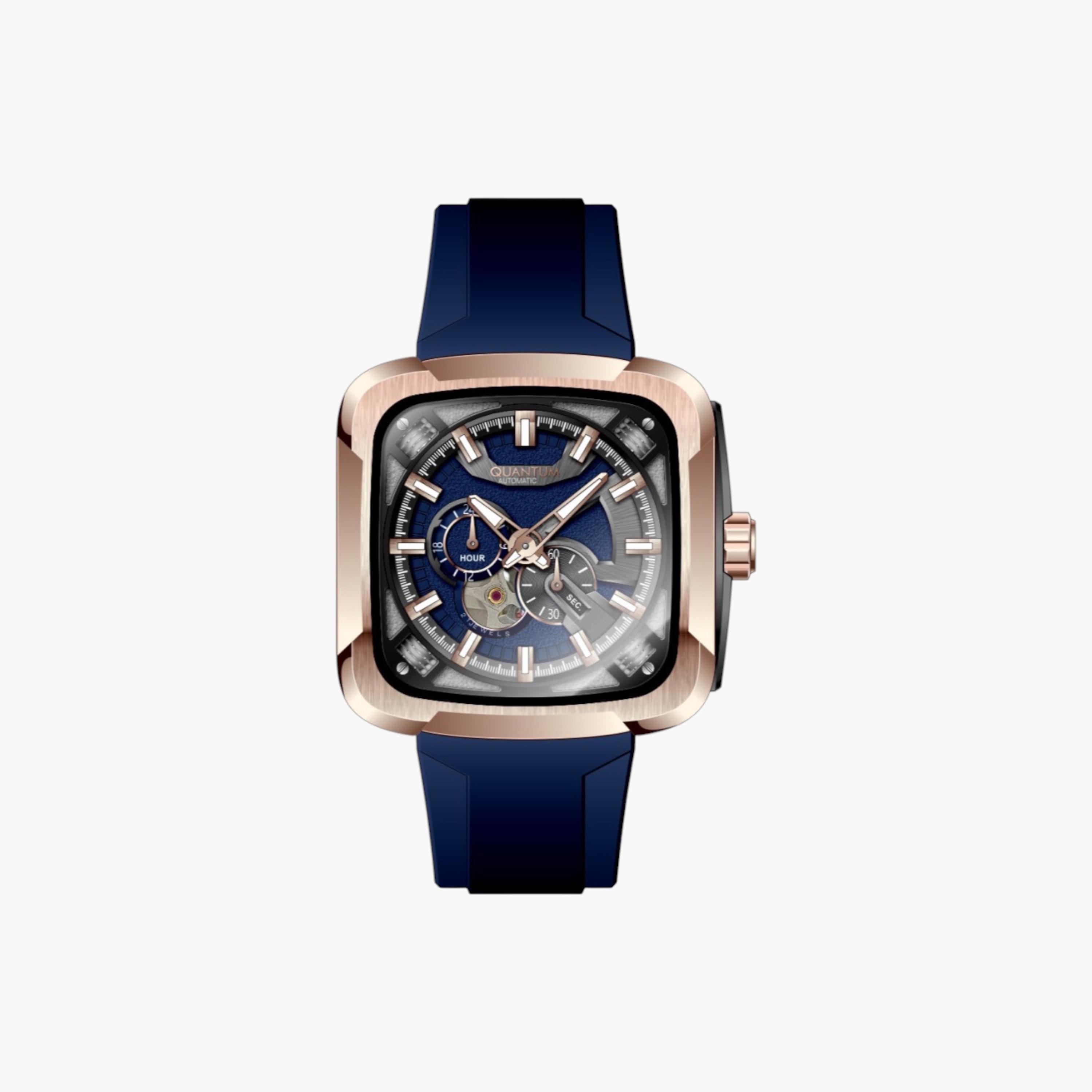 Quantum Square Automatic Watch, Blue Silicone Strap-men-watchesandjewellery-watches-image-1