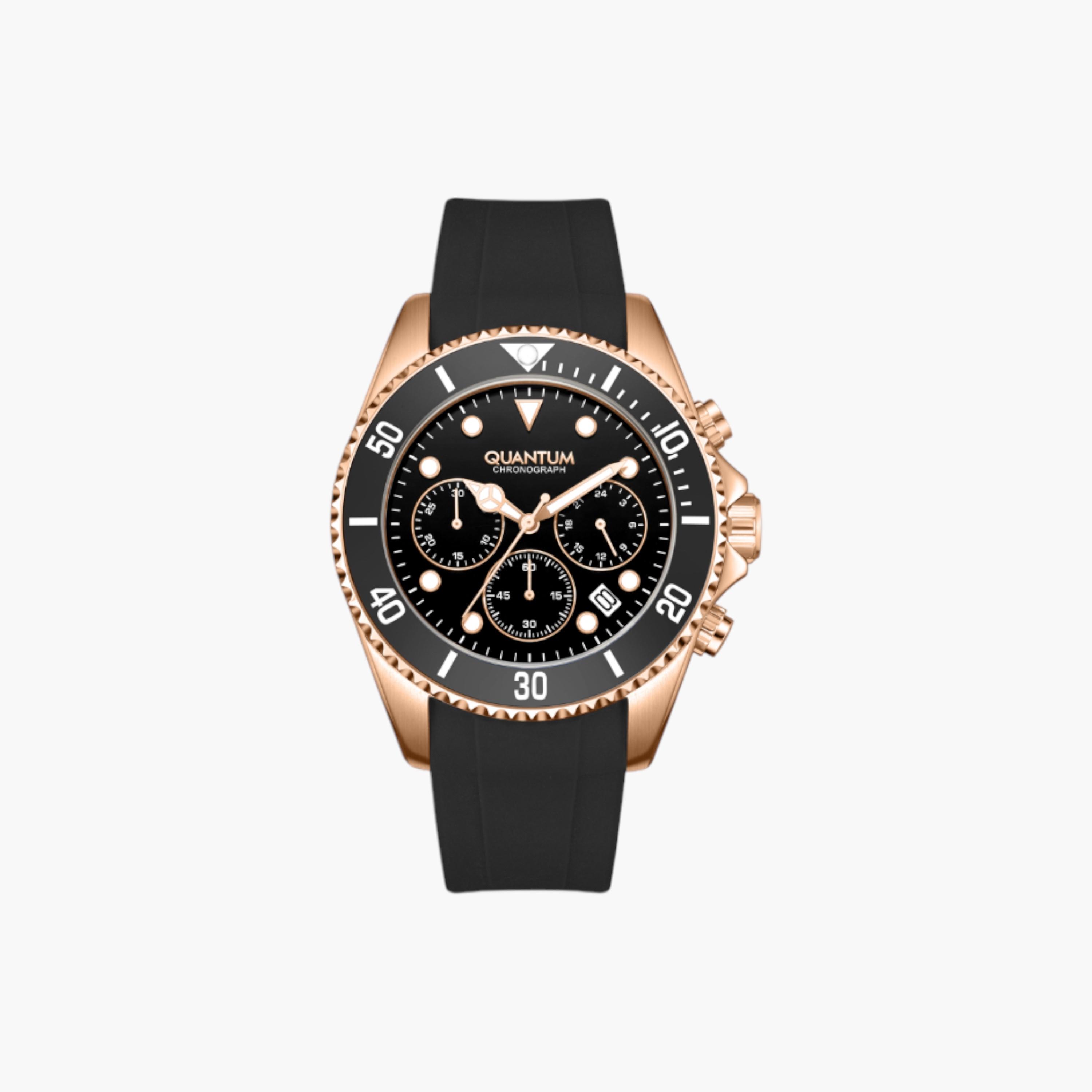 Quantum Rose Gold Chronograph Watch, Black Silicone Strap-men-watchesandjewellery-watches-image-1