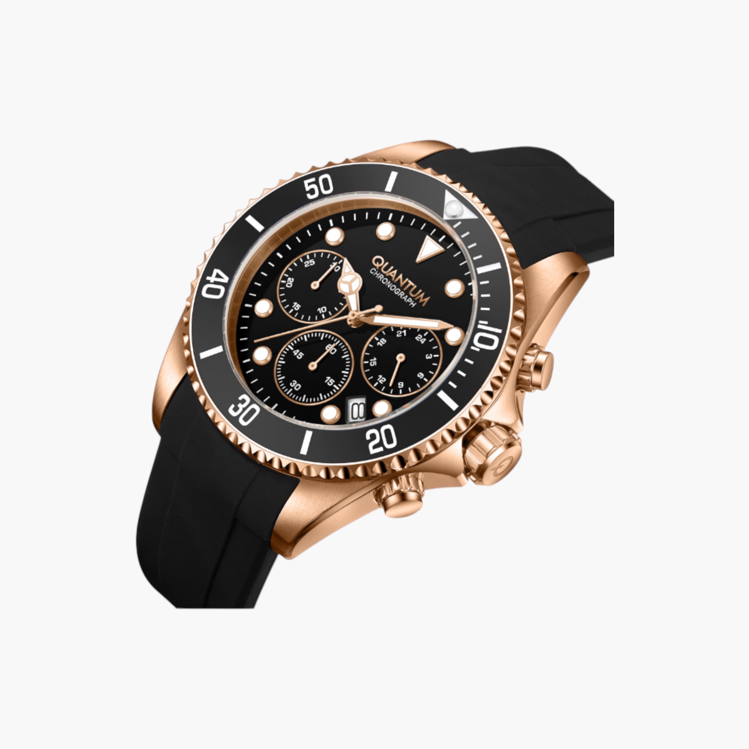 كوانتم ساعة كرونوغراف ذهبية وردية، حزام سيليكون أسود-men-watchesandjewellery-watches-image-2