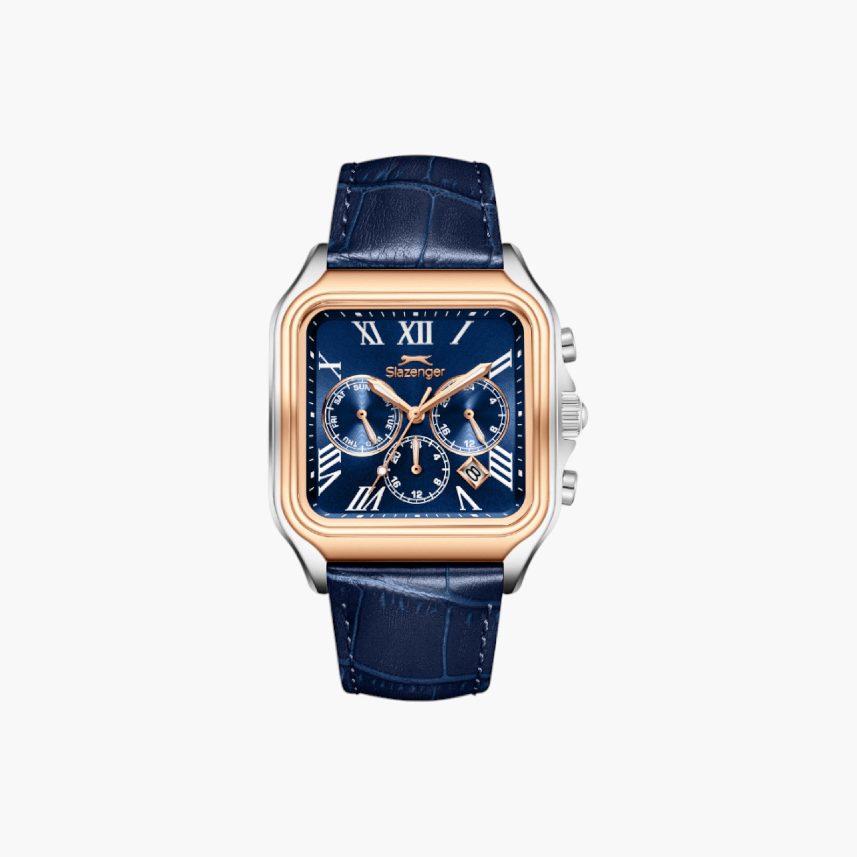 Slazenger Square Multifunction Watch, Blue Leather Strap-men-watchesandjewellery-watches-image-1