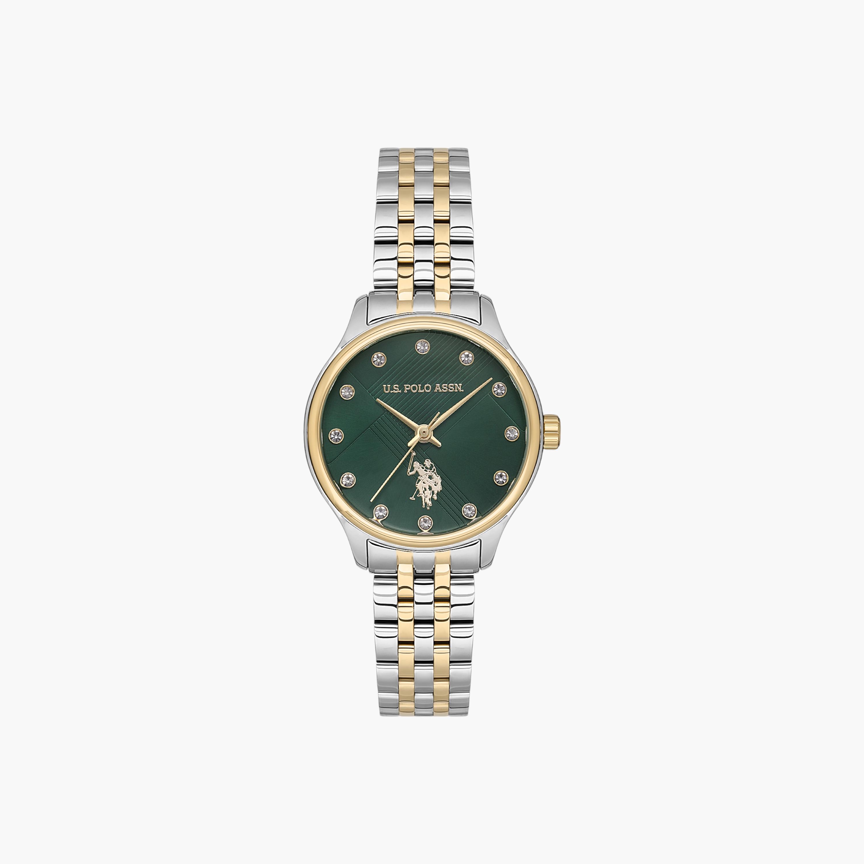 ساعة أنالوج بمينا أخضر وسوار فولاذي ثنائي اللون-women-watchesandjewellery-watches-image-1