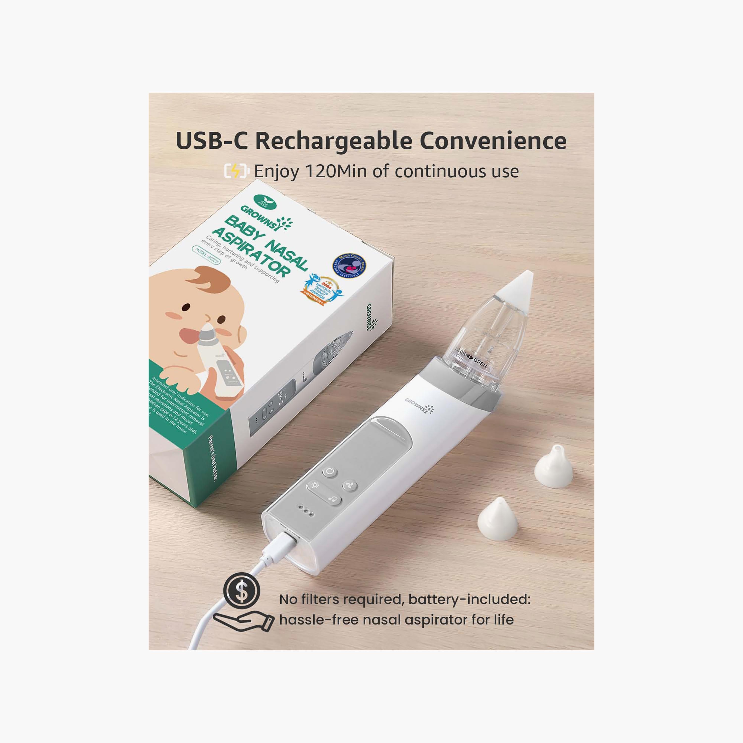Grownsy Electric Nasal Aspirator with 3 Silicone Tips-baby-healthandsafety-thermometersandaspirators-image-5