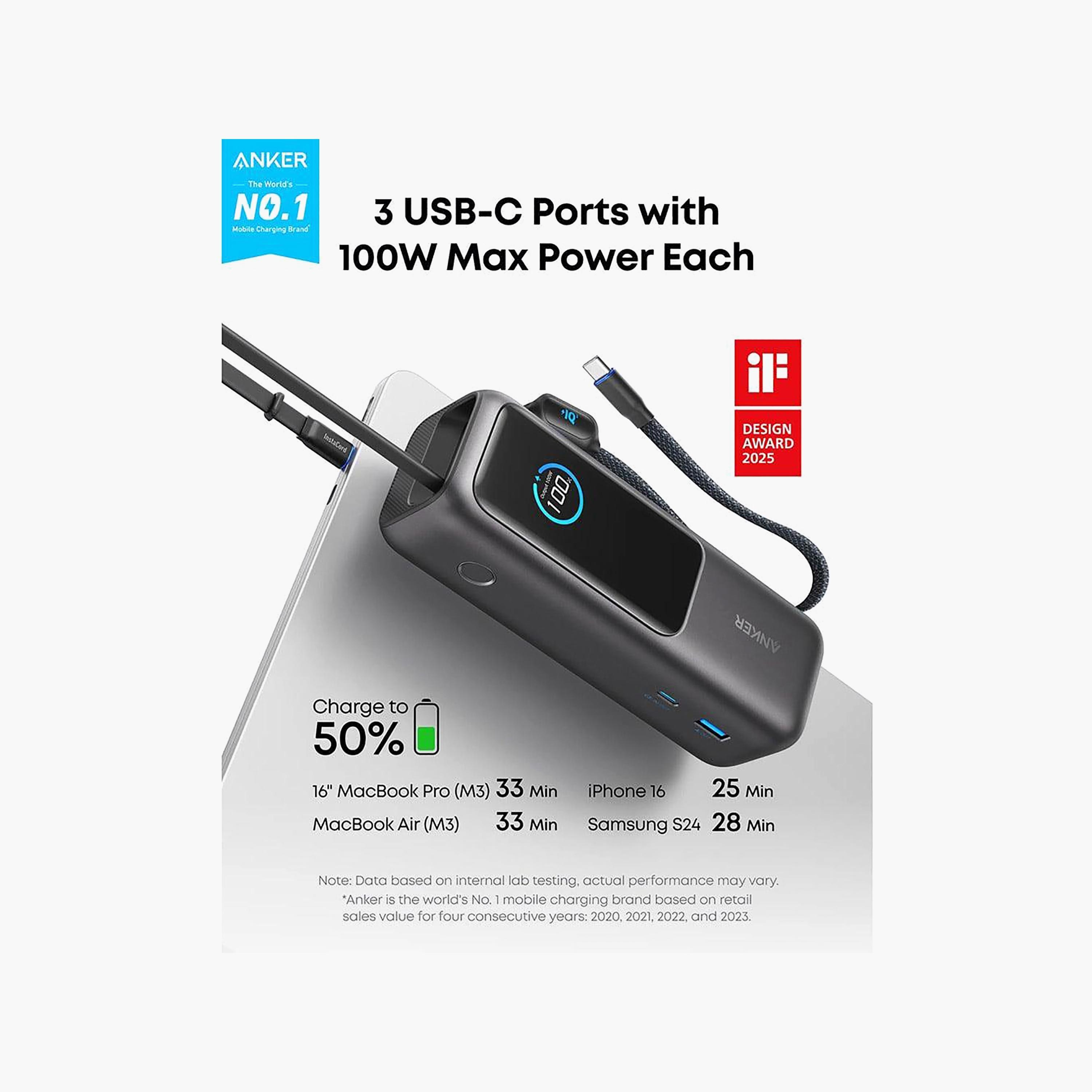 أنكر باور بانك 25000mAh 165W، مدمج فيه USB-C وكابل قابل للسحب، أسود | A1695H11-electronics-portabledevices-image-2