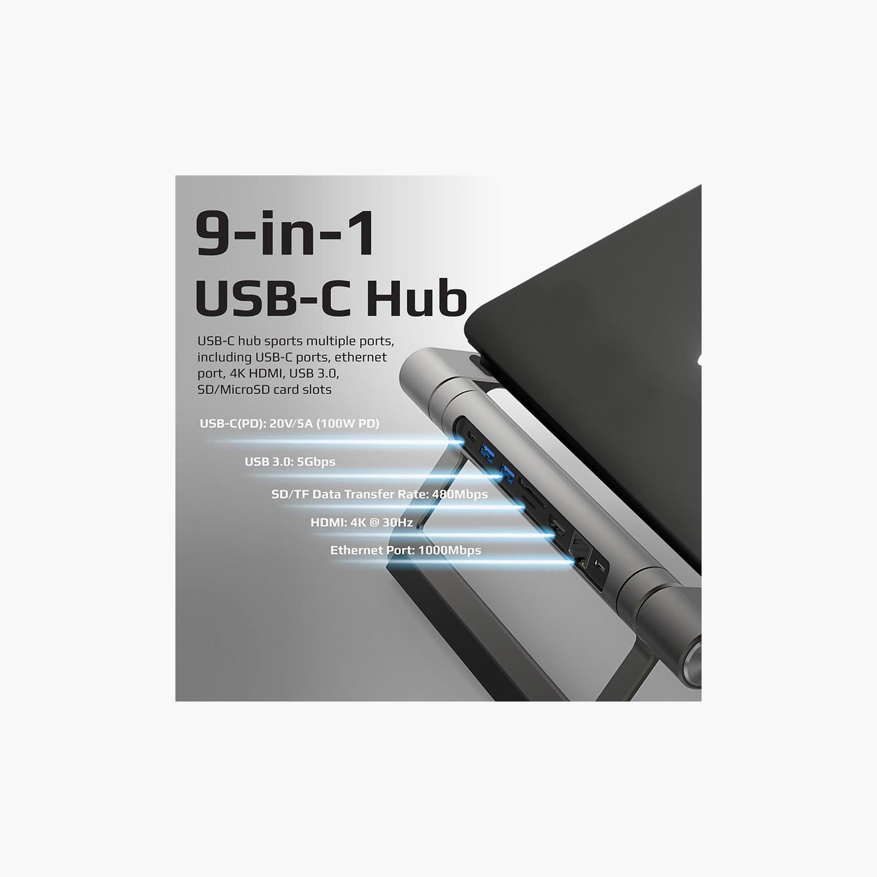 Promate 9-In-1 Multiport USB-C Hub With Laptop Stand Grey | PRIMEBASE-C-electronics-accessories-computeraccesories-image-3