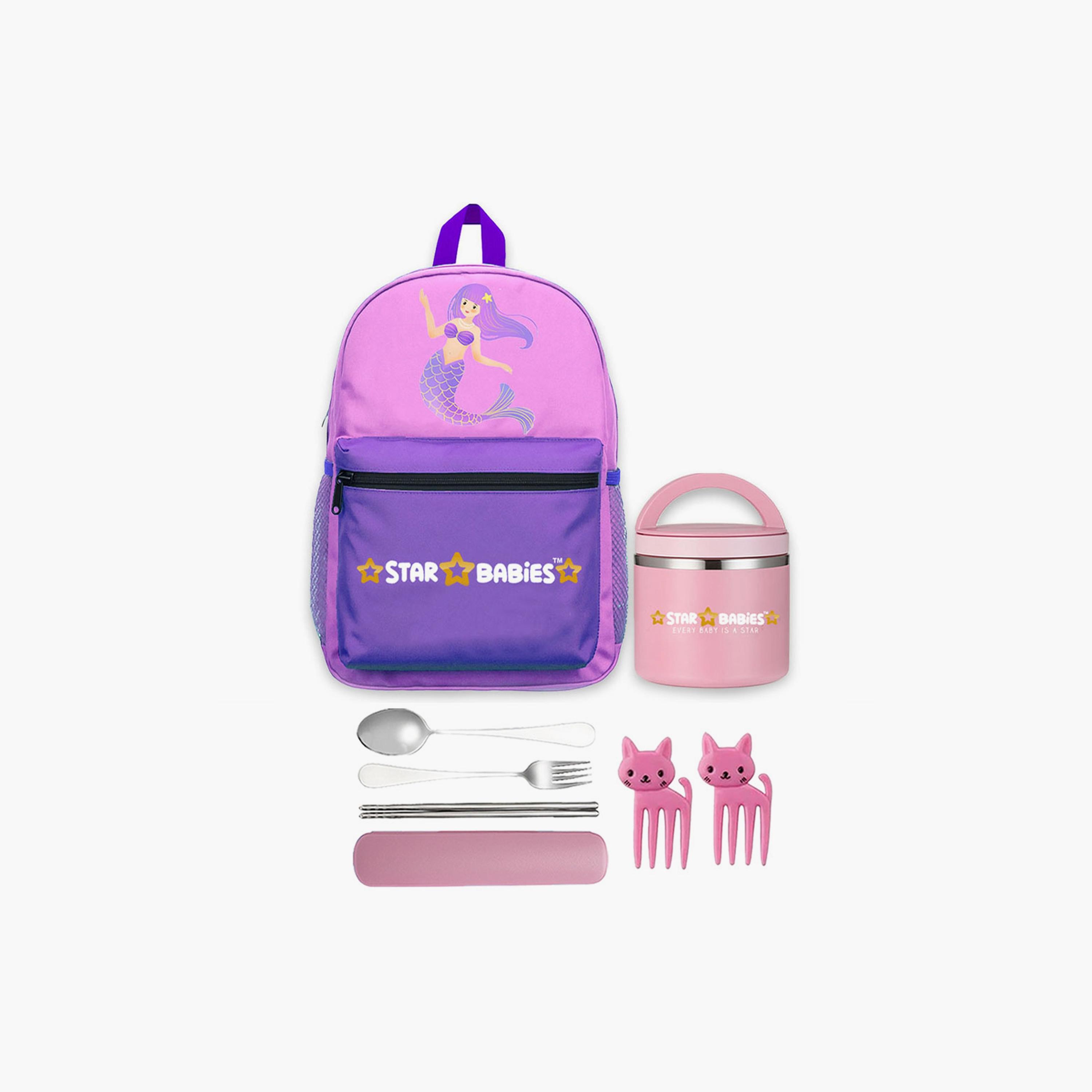 Star Babies 16" Backpack and 500 ml Food Jar with Free Gifts - Mermaid-school-bagsandbackpacks-sets-image-1