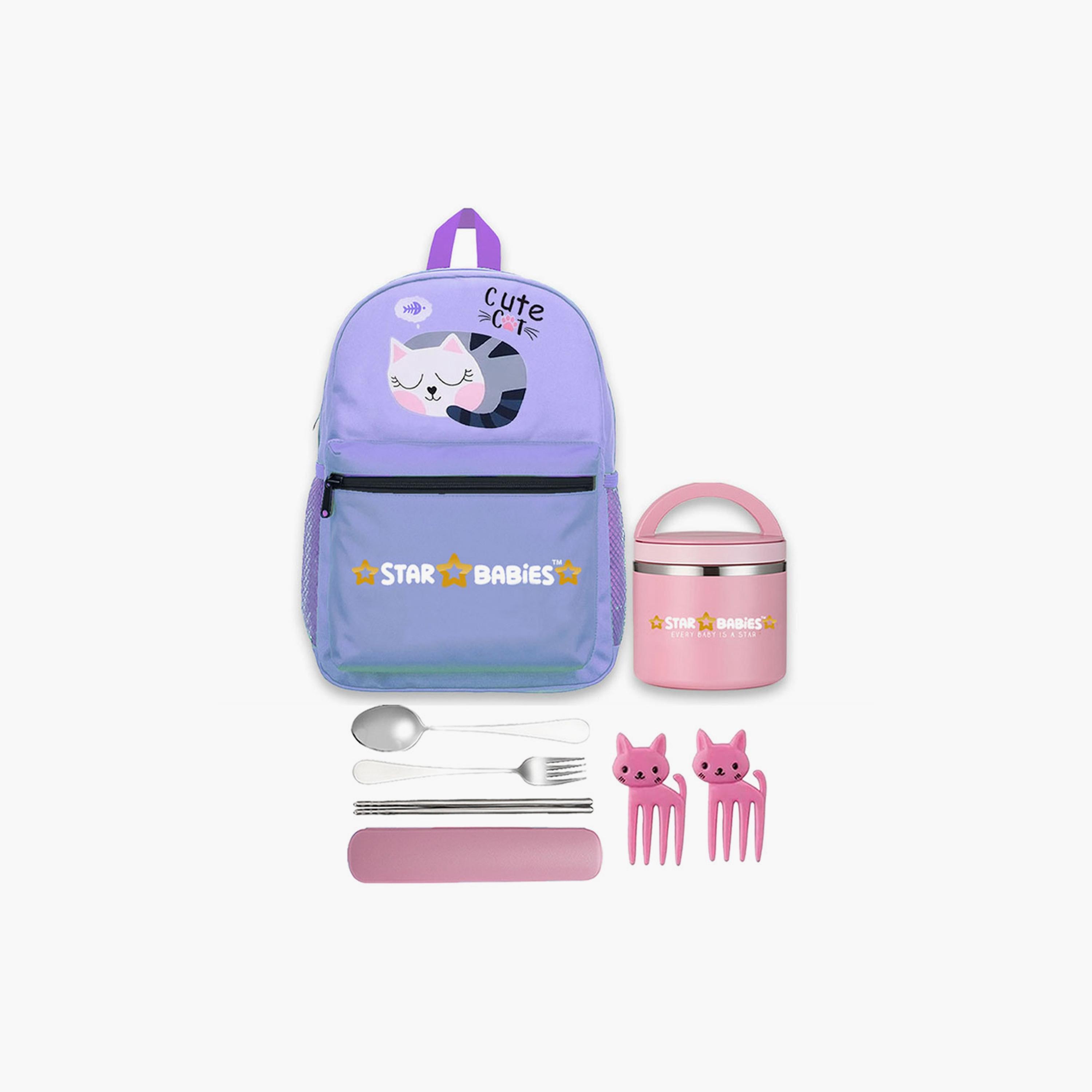 Star Babies 16" Backpack and 500 ml Food Jar with Free Gifts - Cute Cat-school-bagsandbackpacks-sets-image-1